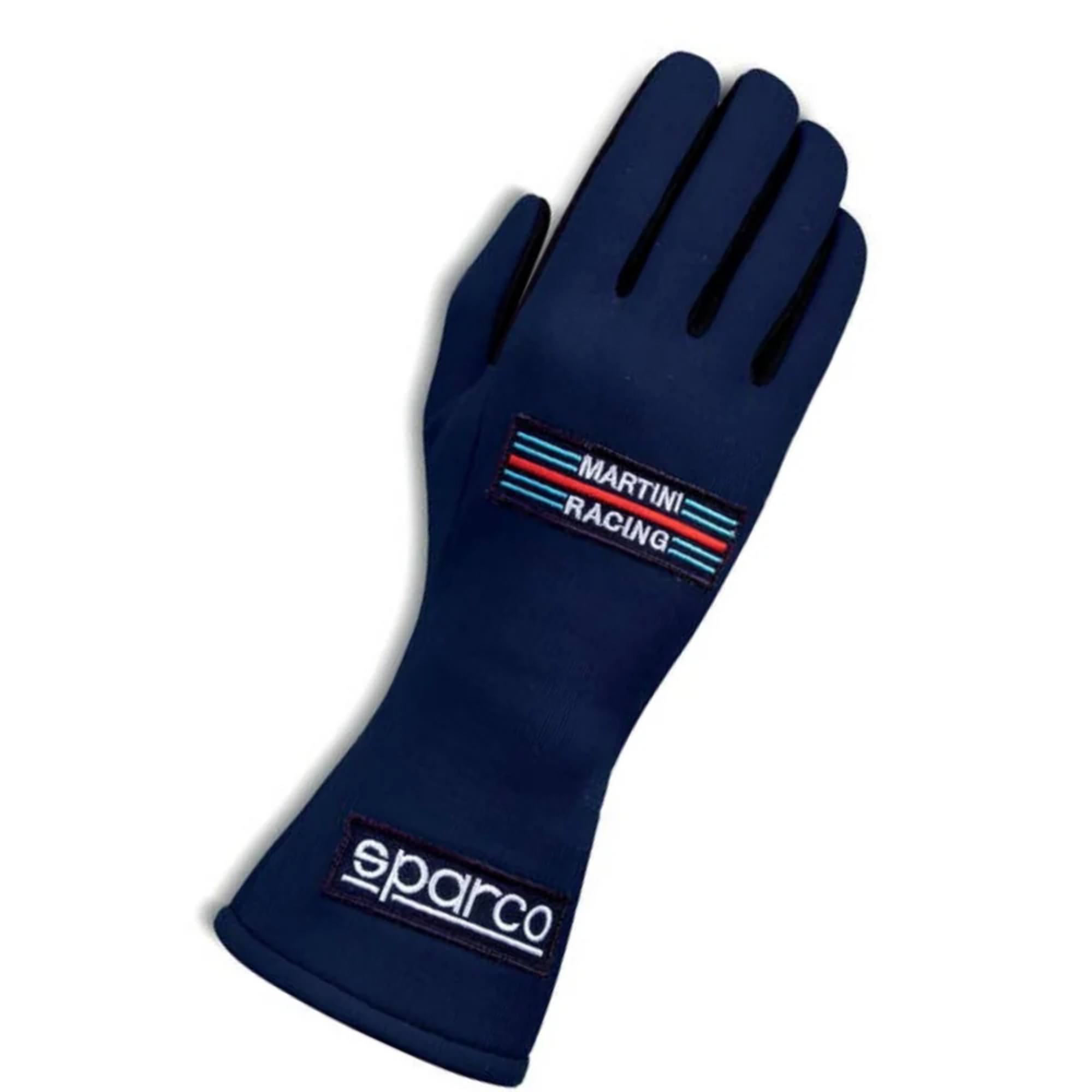 The back of the navy Sparco Martini Racing Land Racing Gloves.