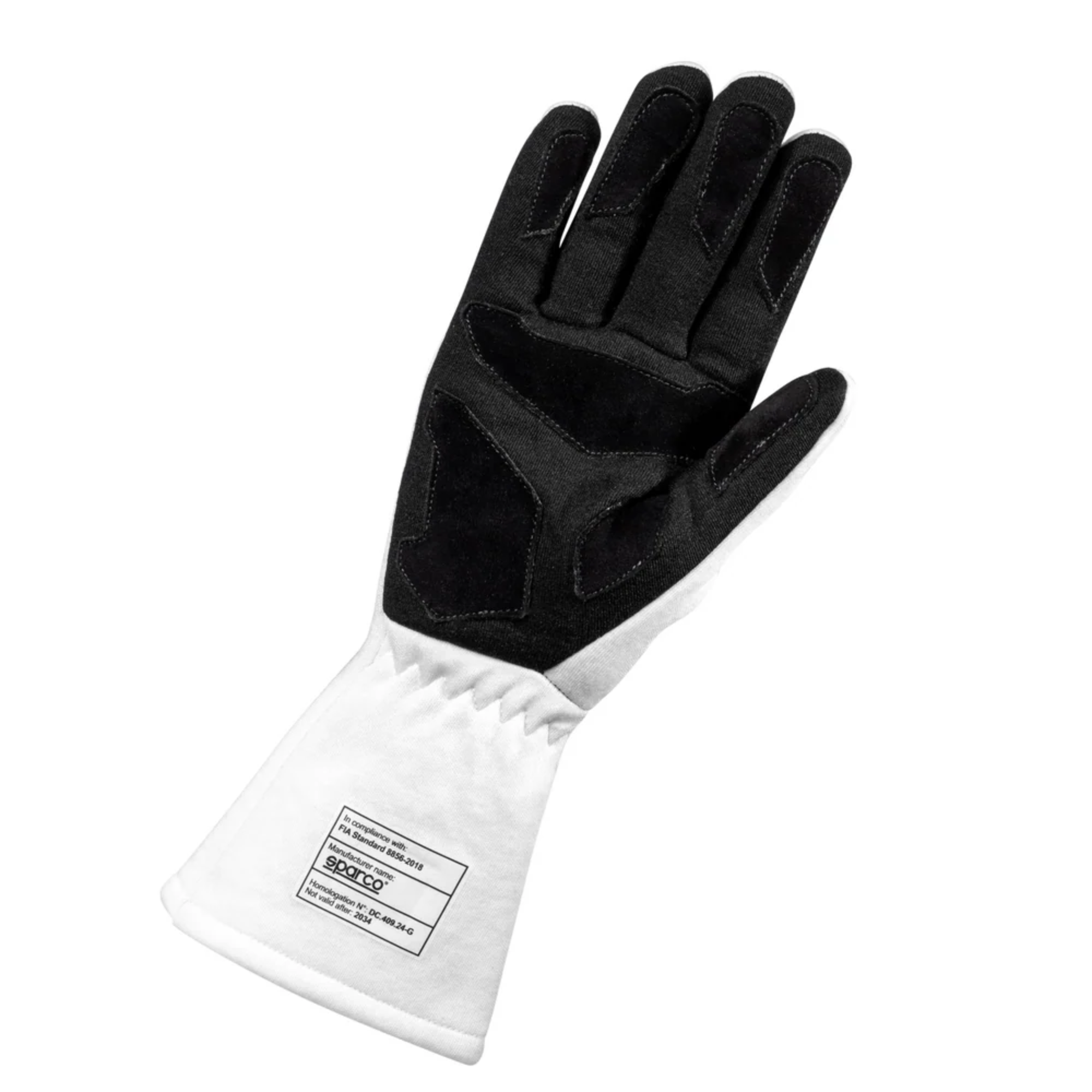 The palm of the white Sparco Martini Racing Land Racing Gloves.