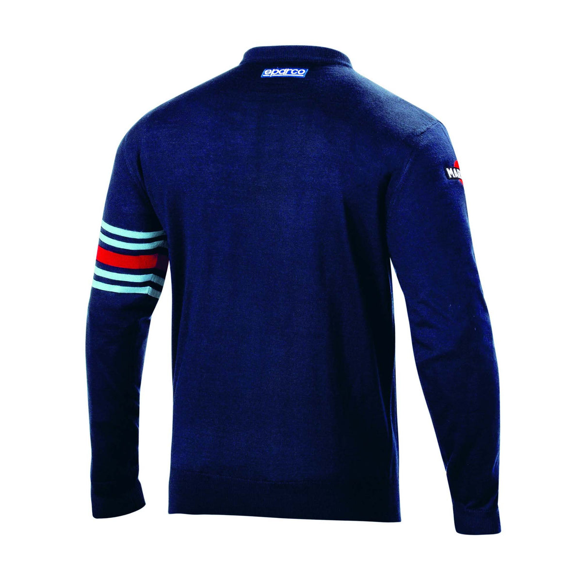 The back of the navy Sparco Martini Racing Wool Crewneck Sweater.