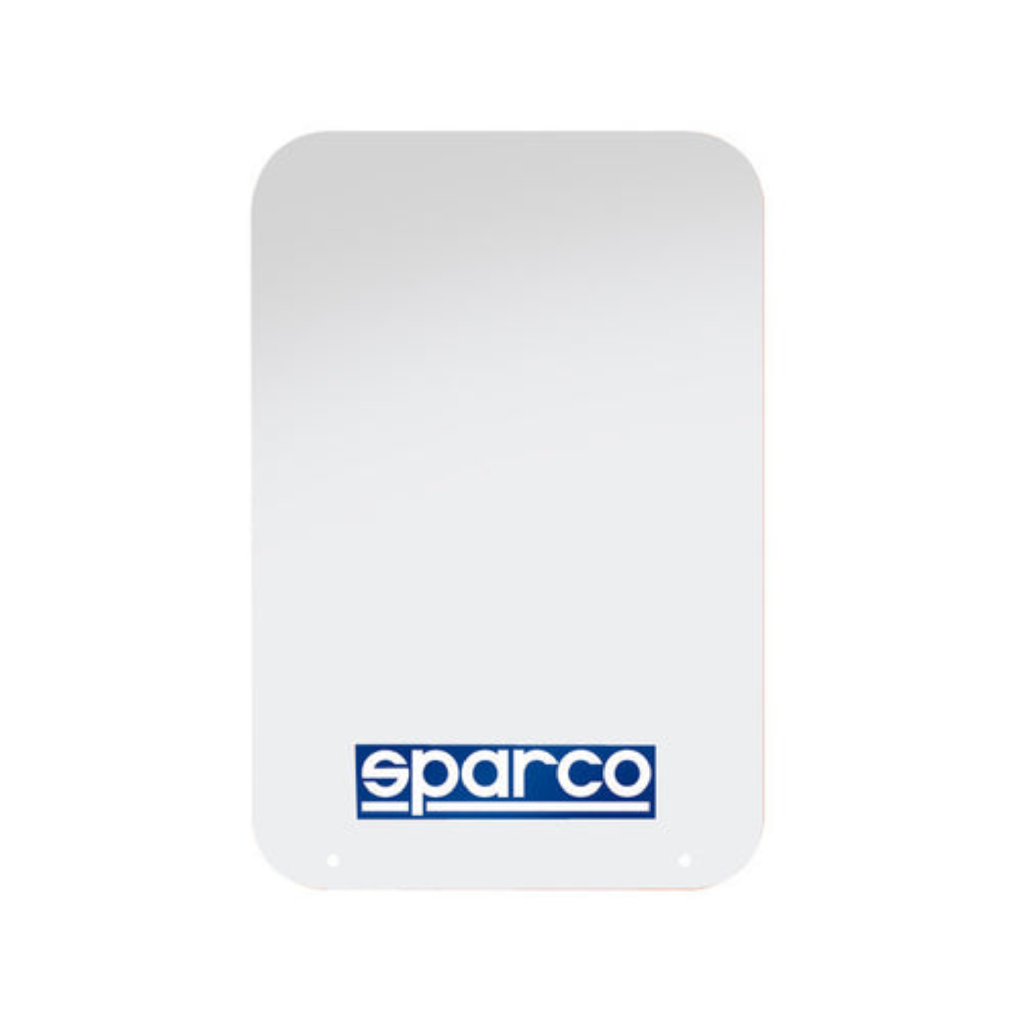 The blue Sparco Mud Flaps, a white rectangular plate with the 'Sparco' logo on it. Comes in a set of two.