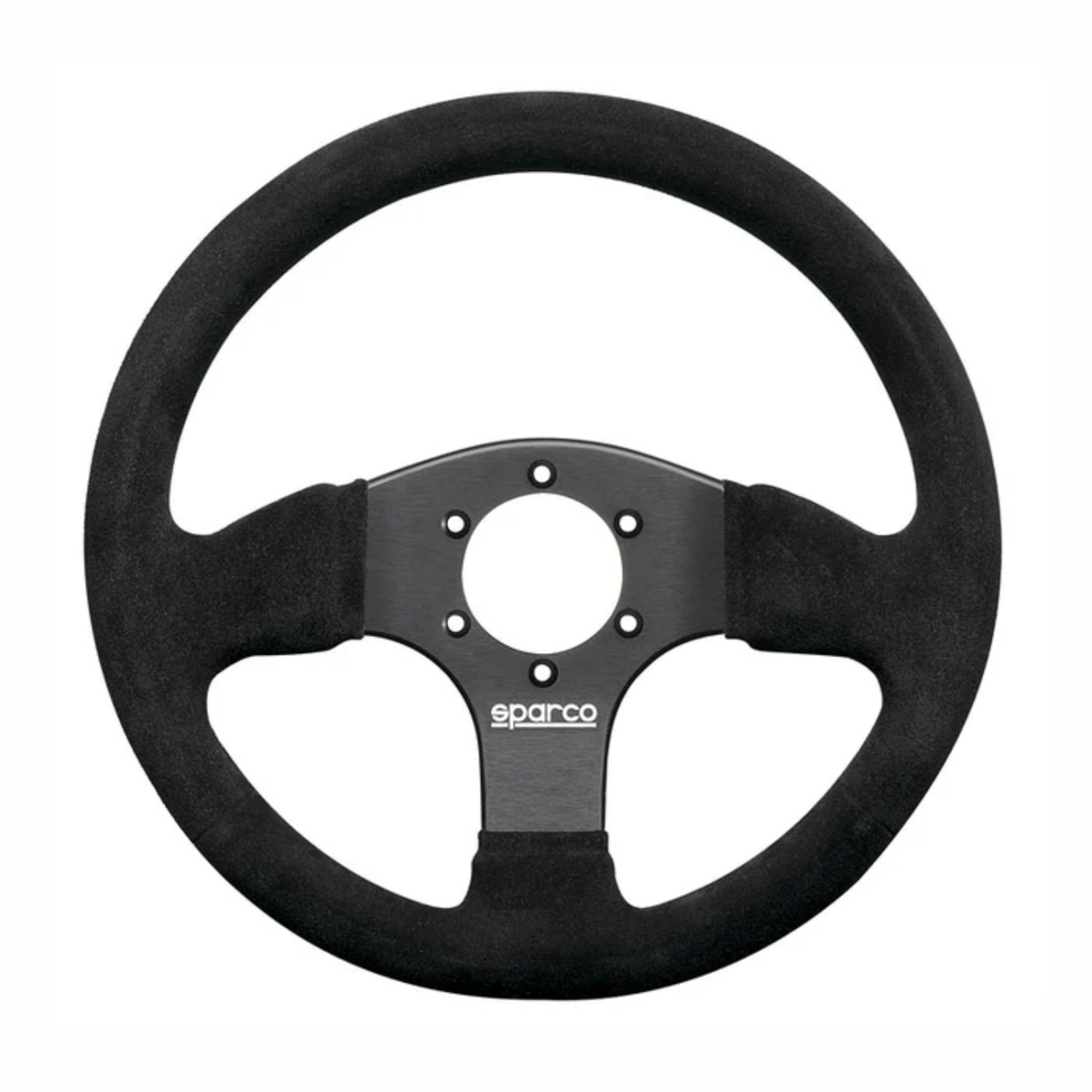 The Sparco P-300 Steering Wheel, a Sparco racing steering wheel with a black suede rim and a black metal center hub.