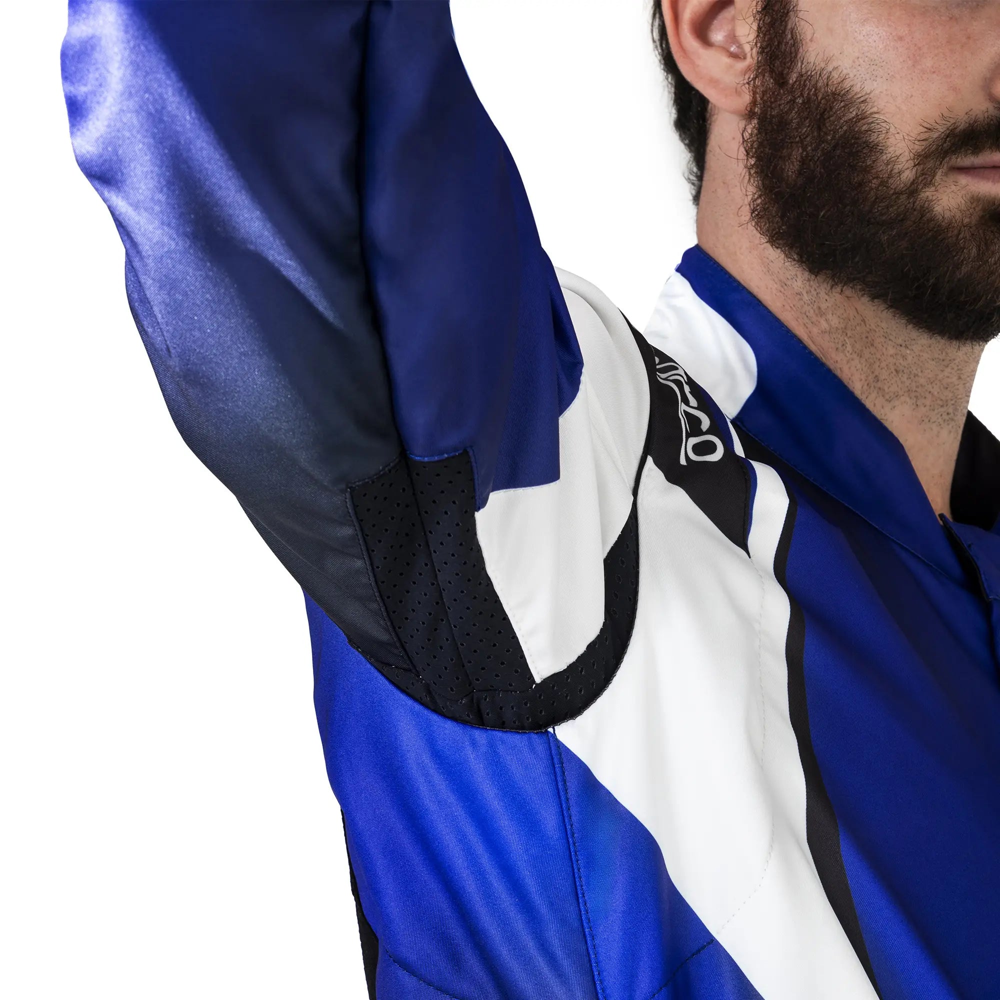 The blue and white Sparco Prime K Advanced Kart Racing Suit armpit ventilation close up.