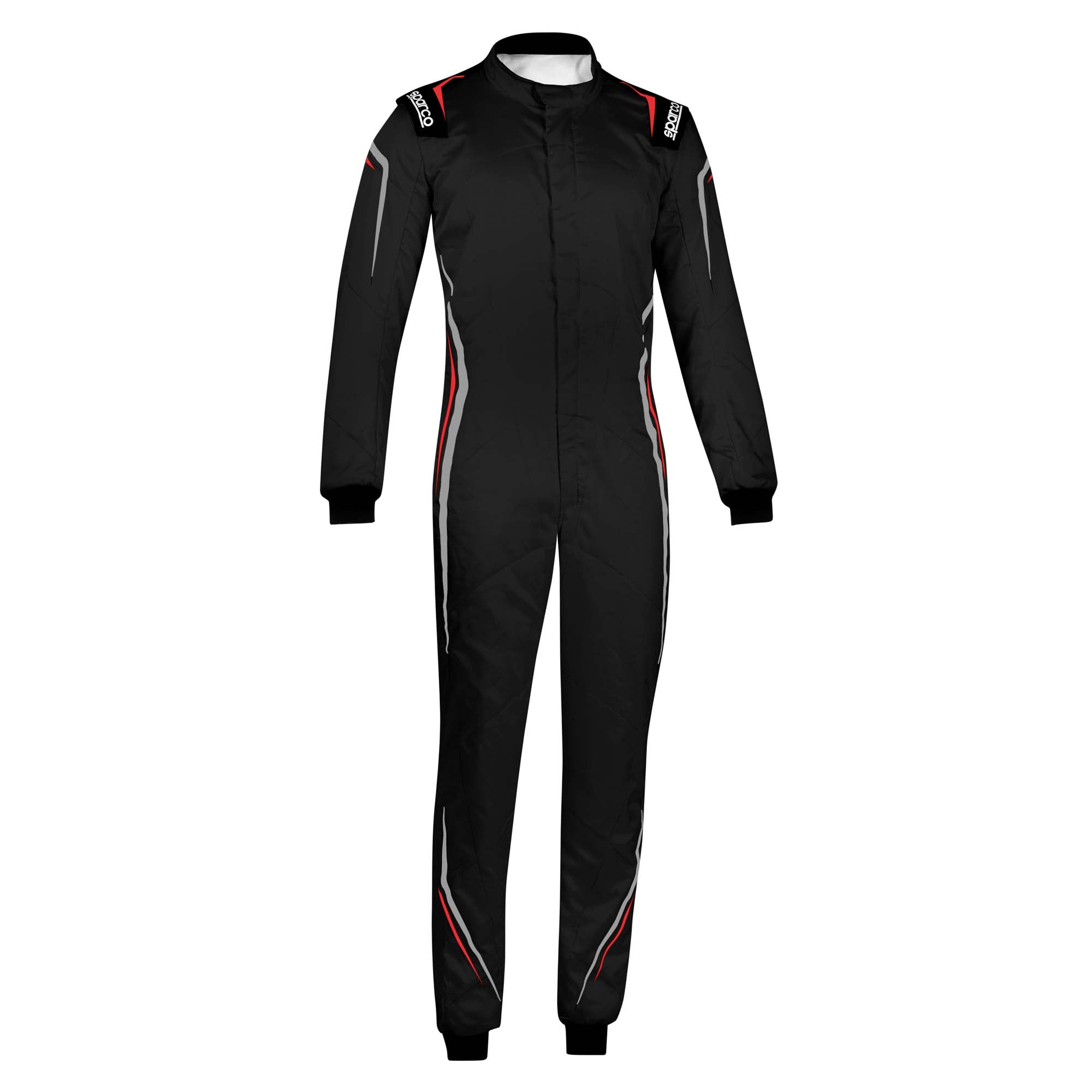 The black Sparco Prime Racing Suit with red accents.