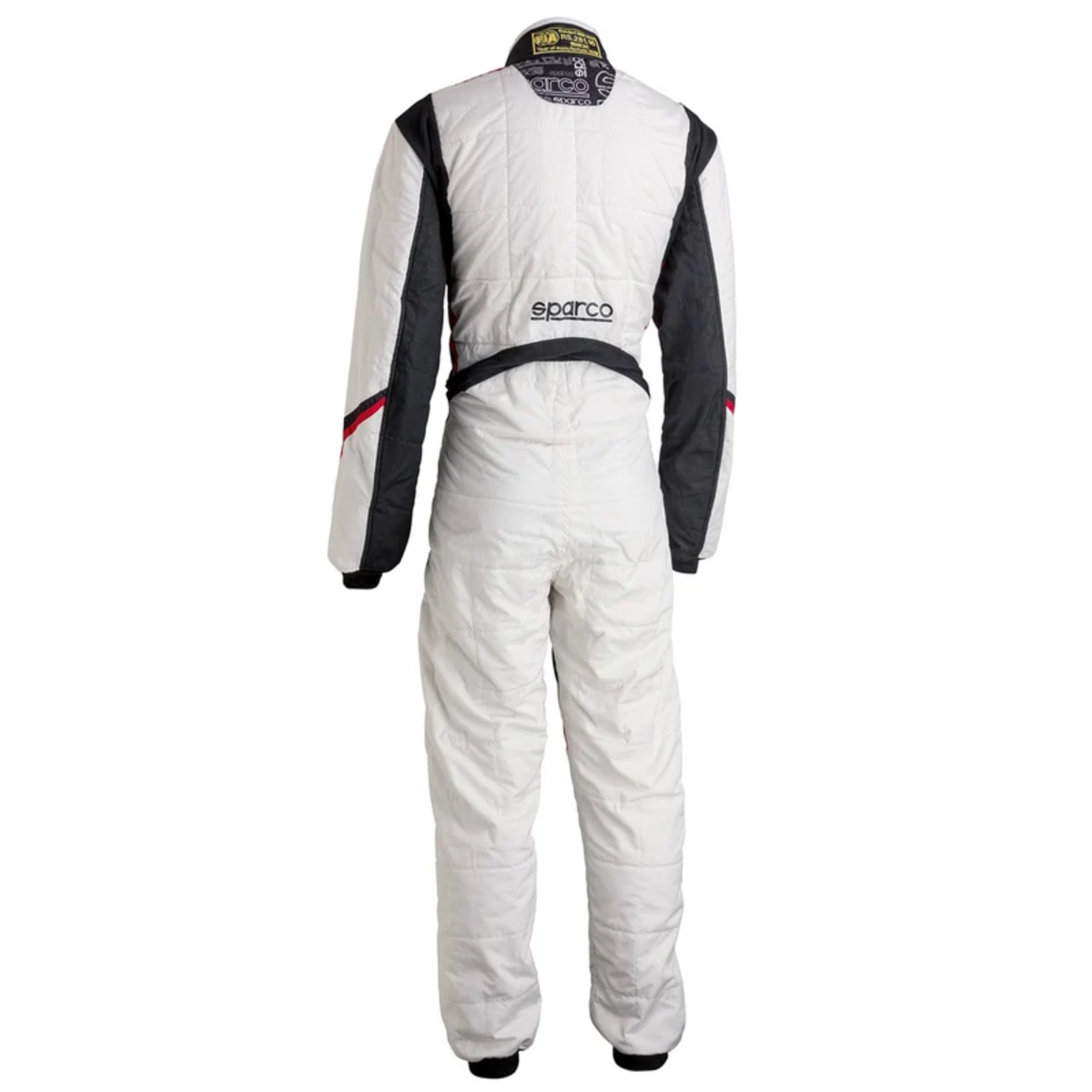 The back of the white, black and red FIA 8856-2000 homologated Sparco Prime SP-16 Special Edition Racing Suit.