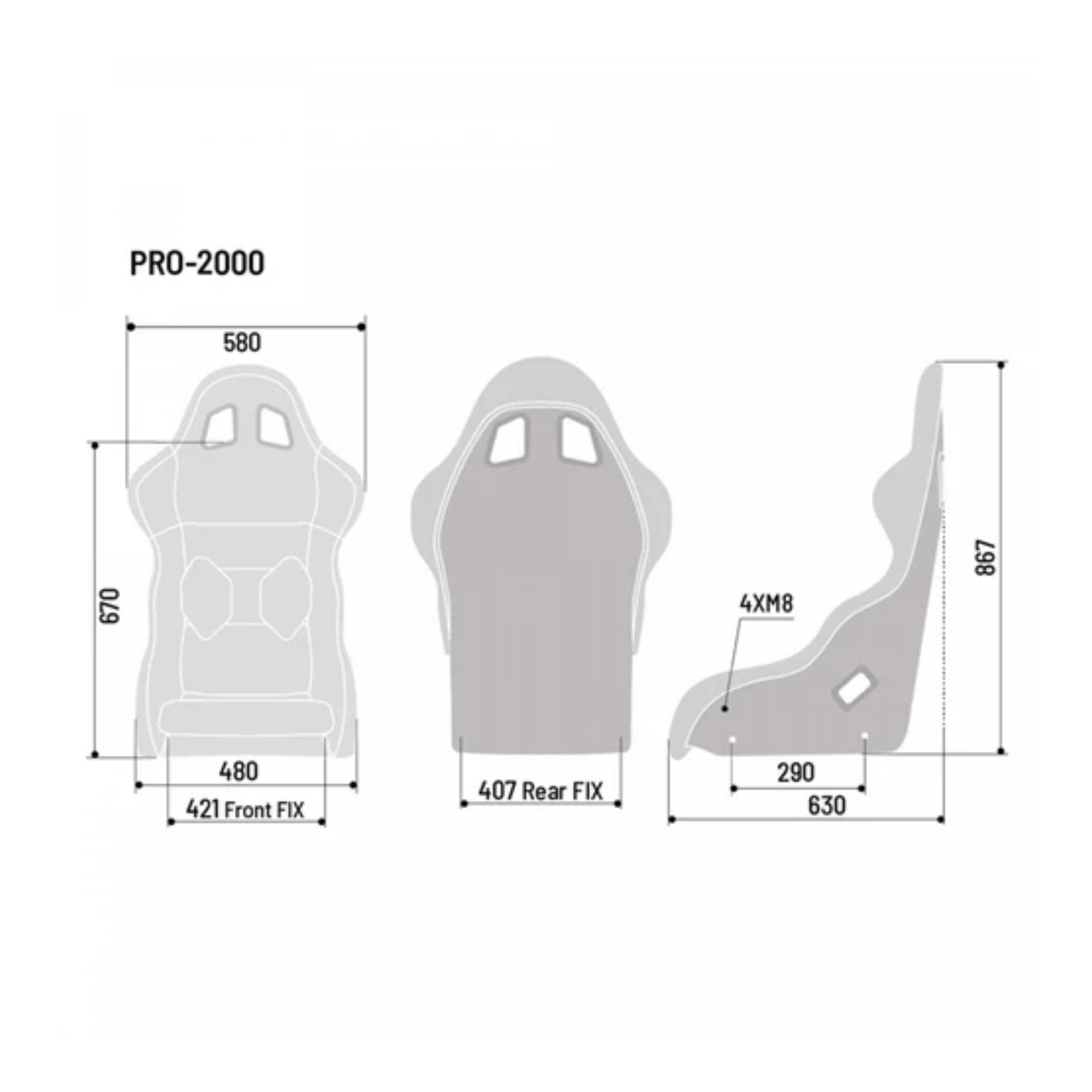 The dimensions of the Sparco Pro 2000 QRT Fiberglass Racing Seat.