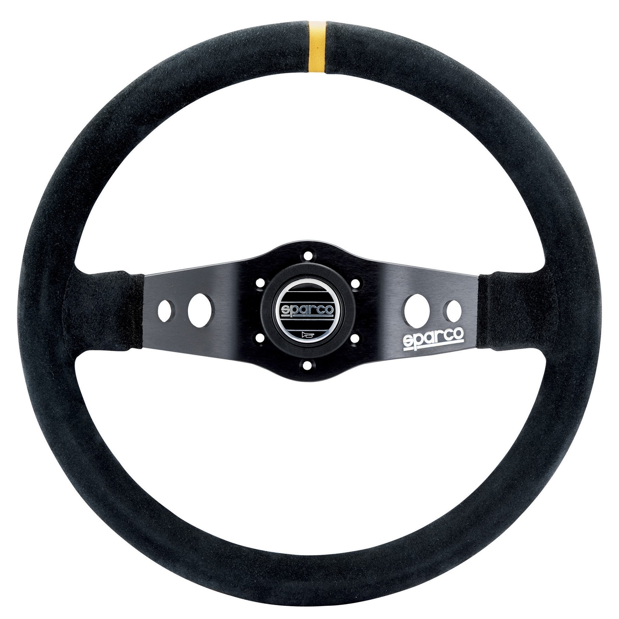 The Sparco R-215 Steering Wheel, a Sparco racing wheel featuring a black suede rim, a black metal center hub, and a thin yellow stripe at the top.