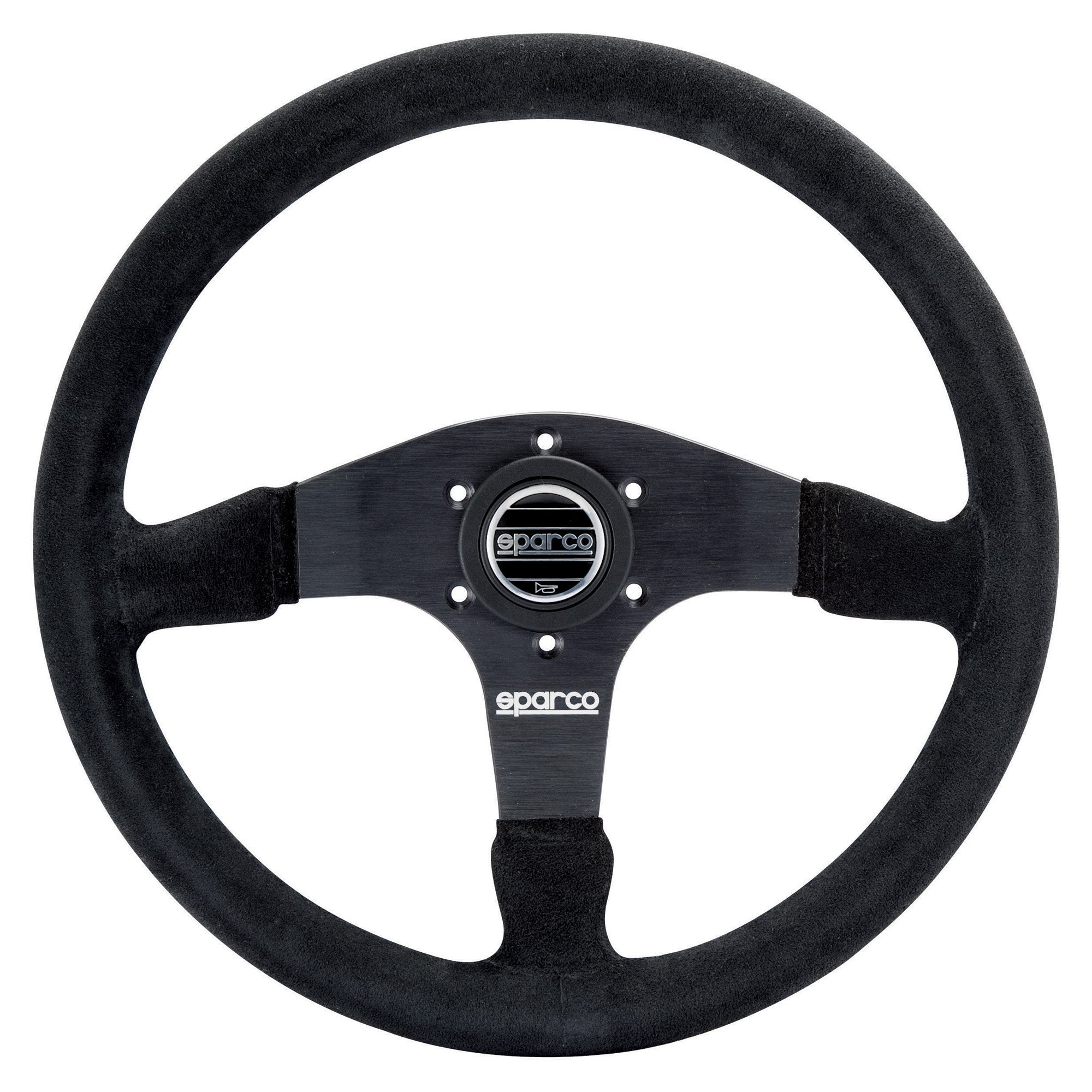 The Sparco R-375 Steering Wheel, a Sparco black multi-spoke racing wheel with a suede finish on the rim and spokes, featuring a central metallic hub with the Sparco logo.