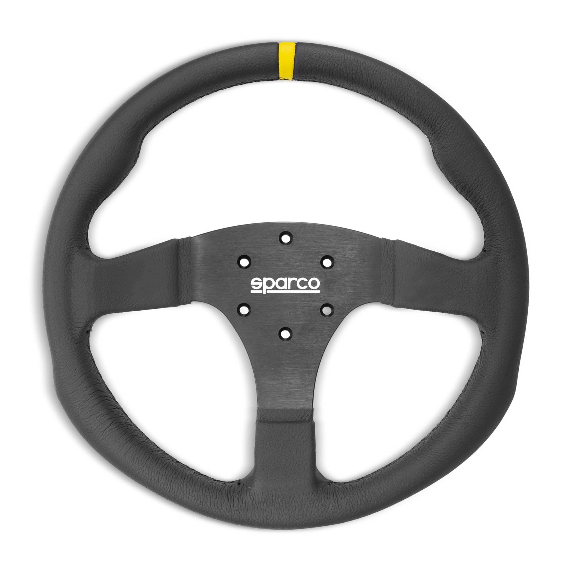 The leather Sparco R350 Steering Wheel is a Sparco racing steering wheel with a black leather-wrapped rim, a black three-spoke center, and a small yellow accent stripe on the top edge.