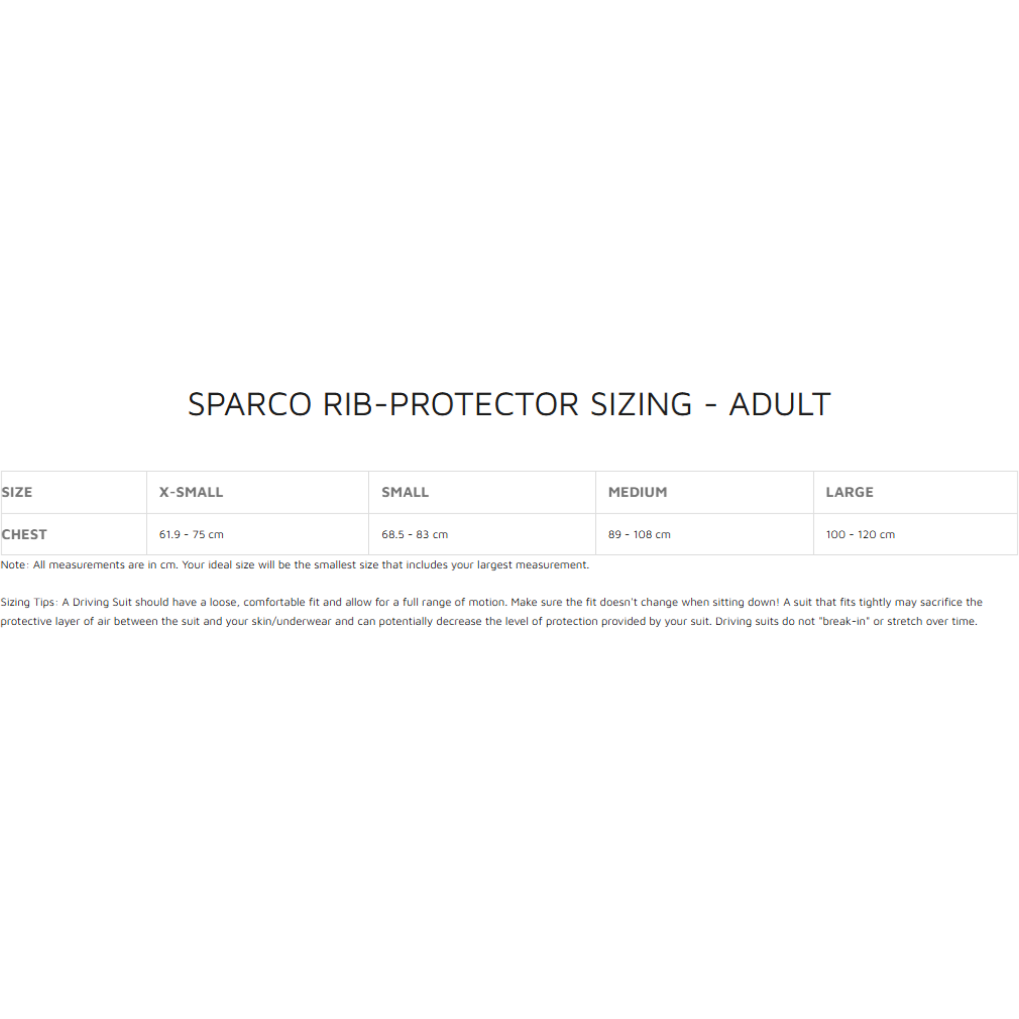 The adult sparco rib-protector sizing size guide provided by Everyday Motorsports. all-groups