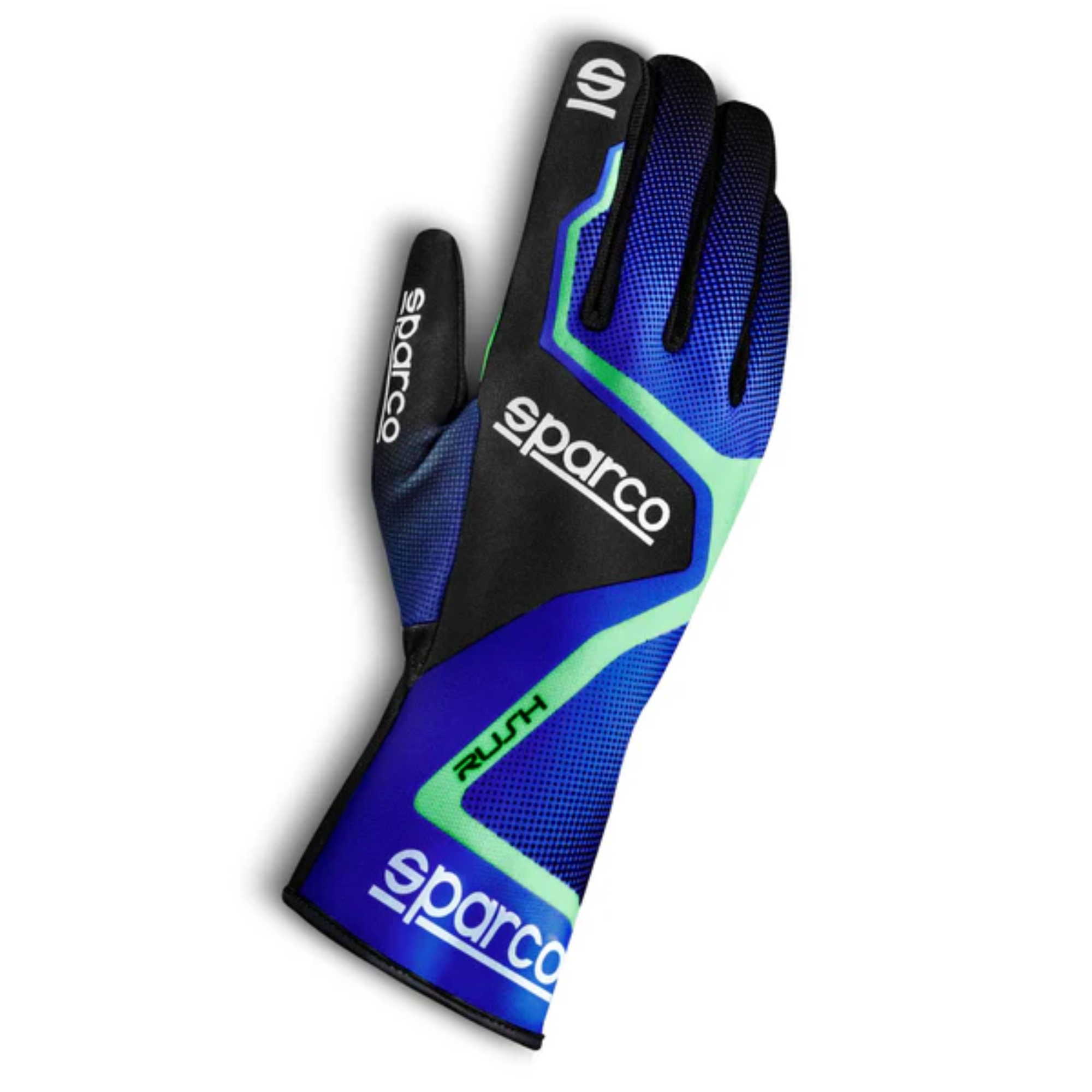 The blue and green Sparco Rush Karting Gloves from Sparco.