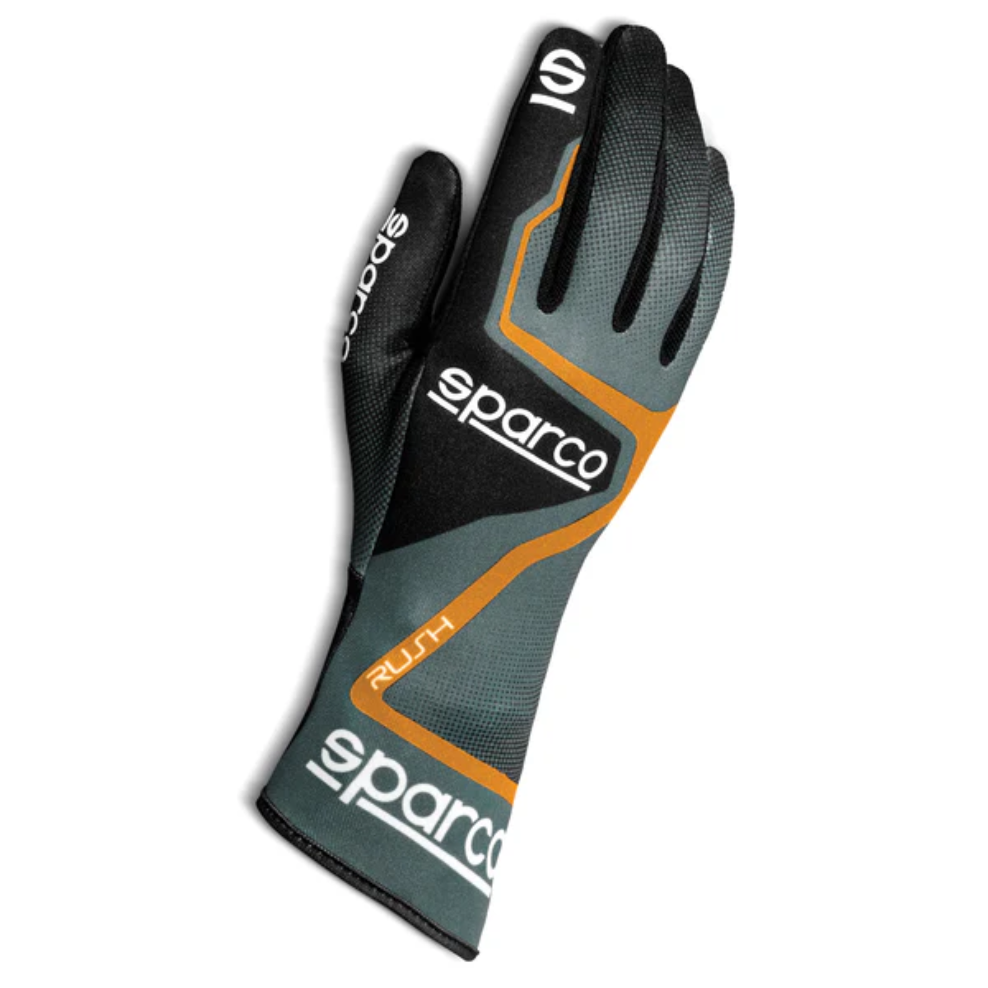 The gray and orange Sparco Rush Karting Gloves from Sparco.
