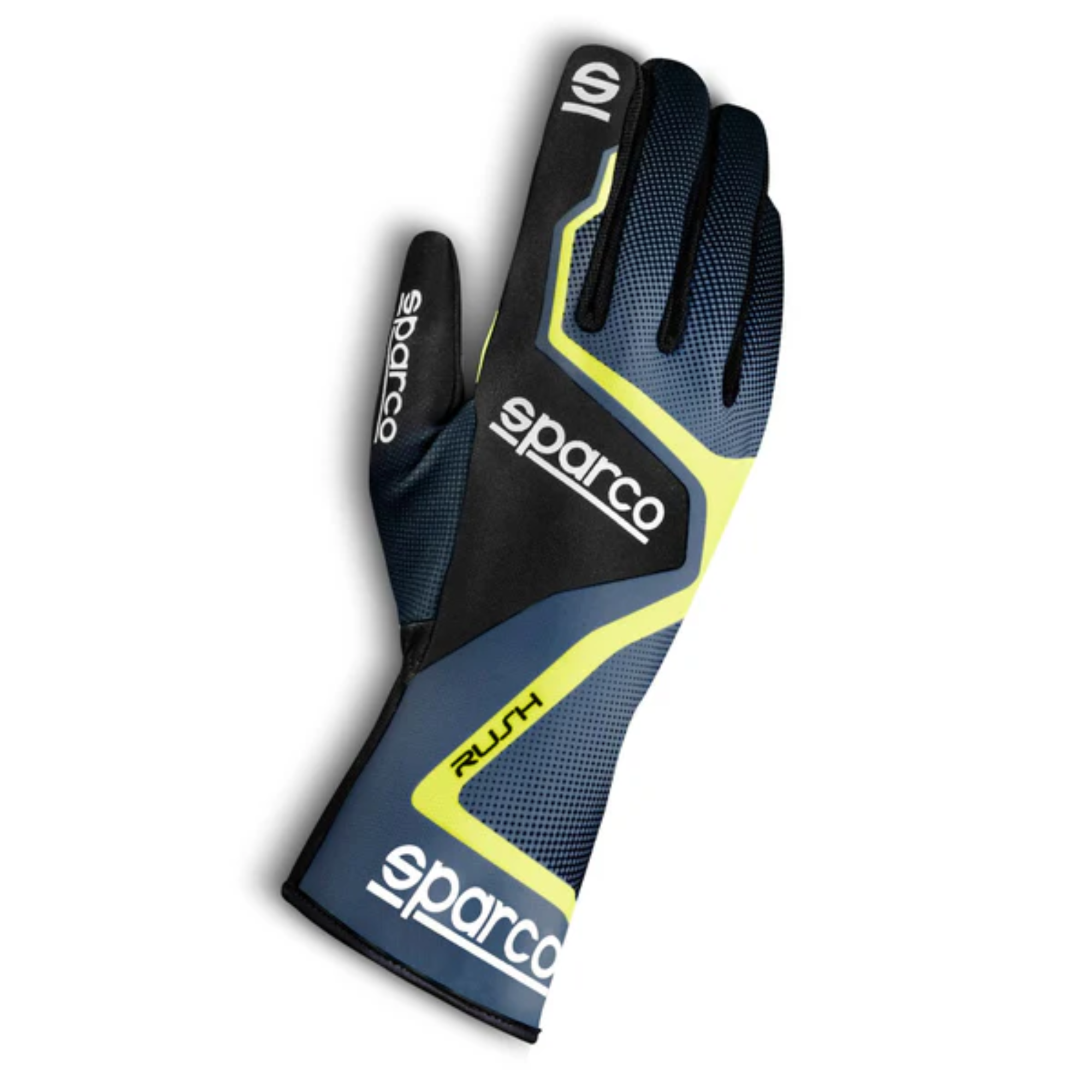 The gray and yellow Sparco Rush Karting Gloves from Sparco.