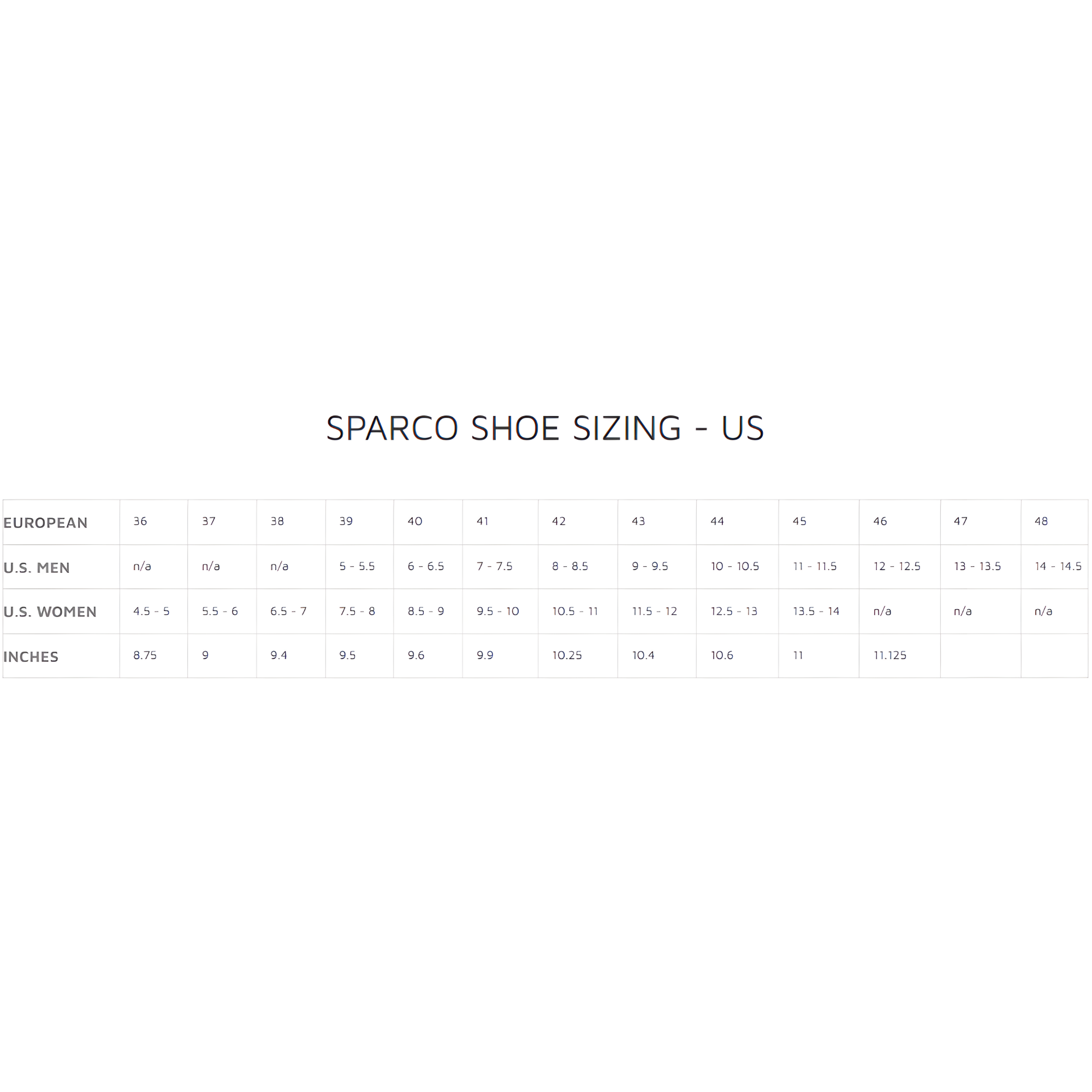 The Sparco shoe sizing guide. all-groups