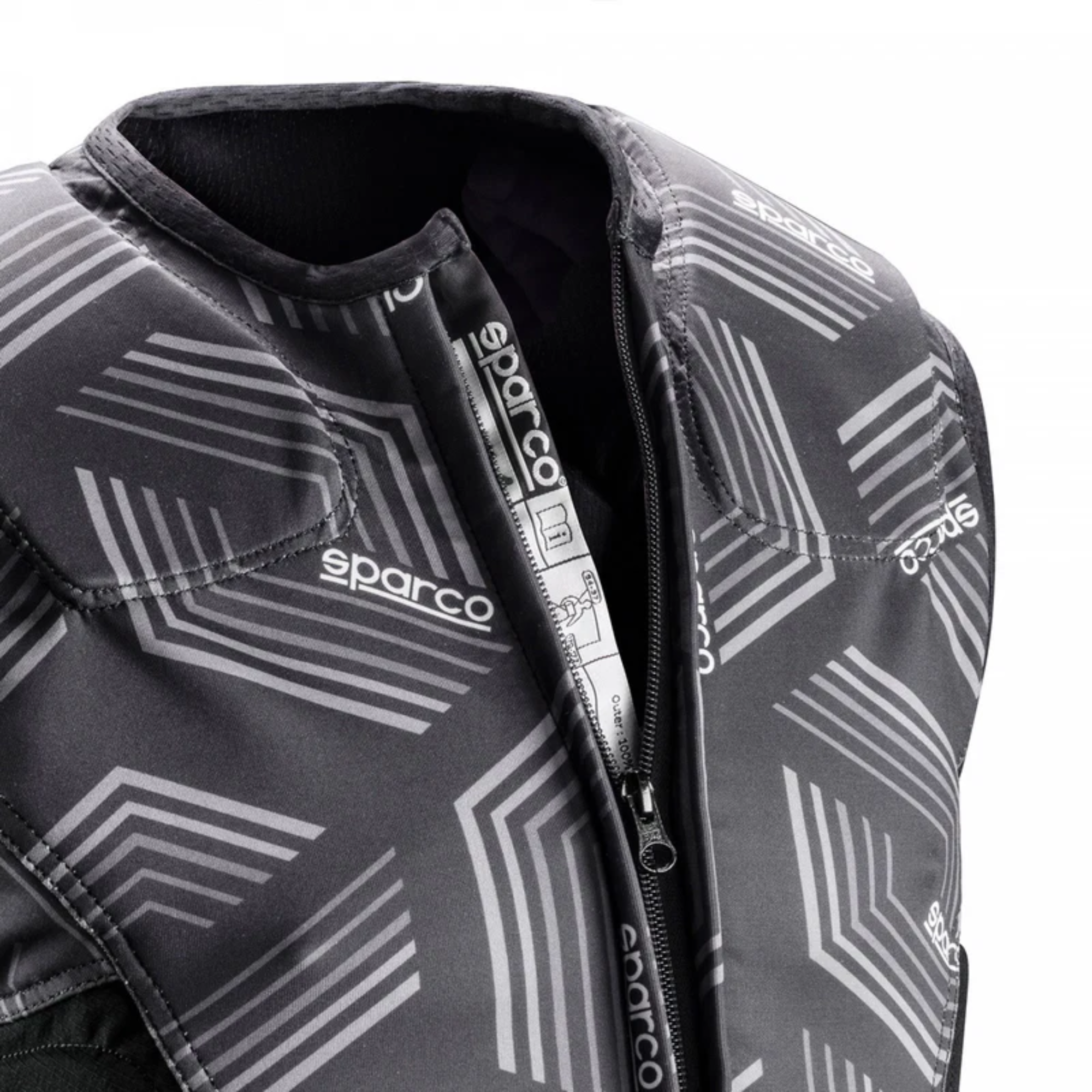 The black and white Sparco SJ Pro K-3 Rib Protector Vest close up.