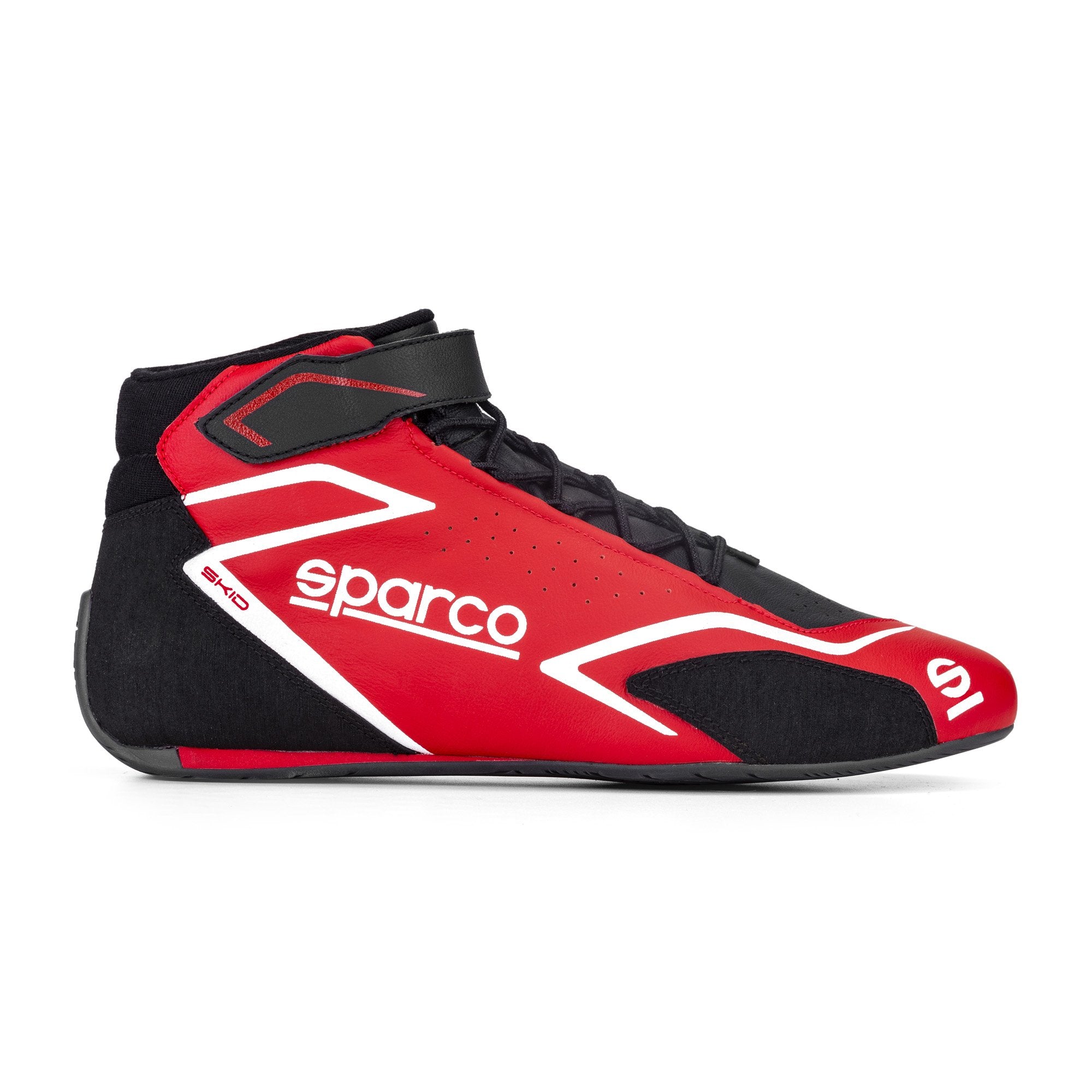 The side of the red and black Sparco Skid Racing Shoes.
