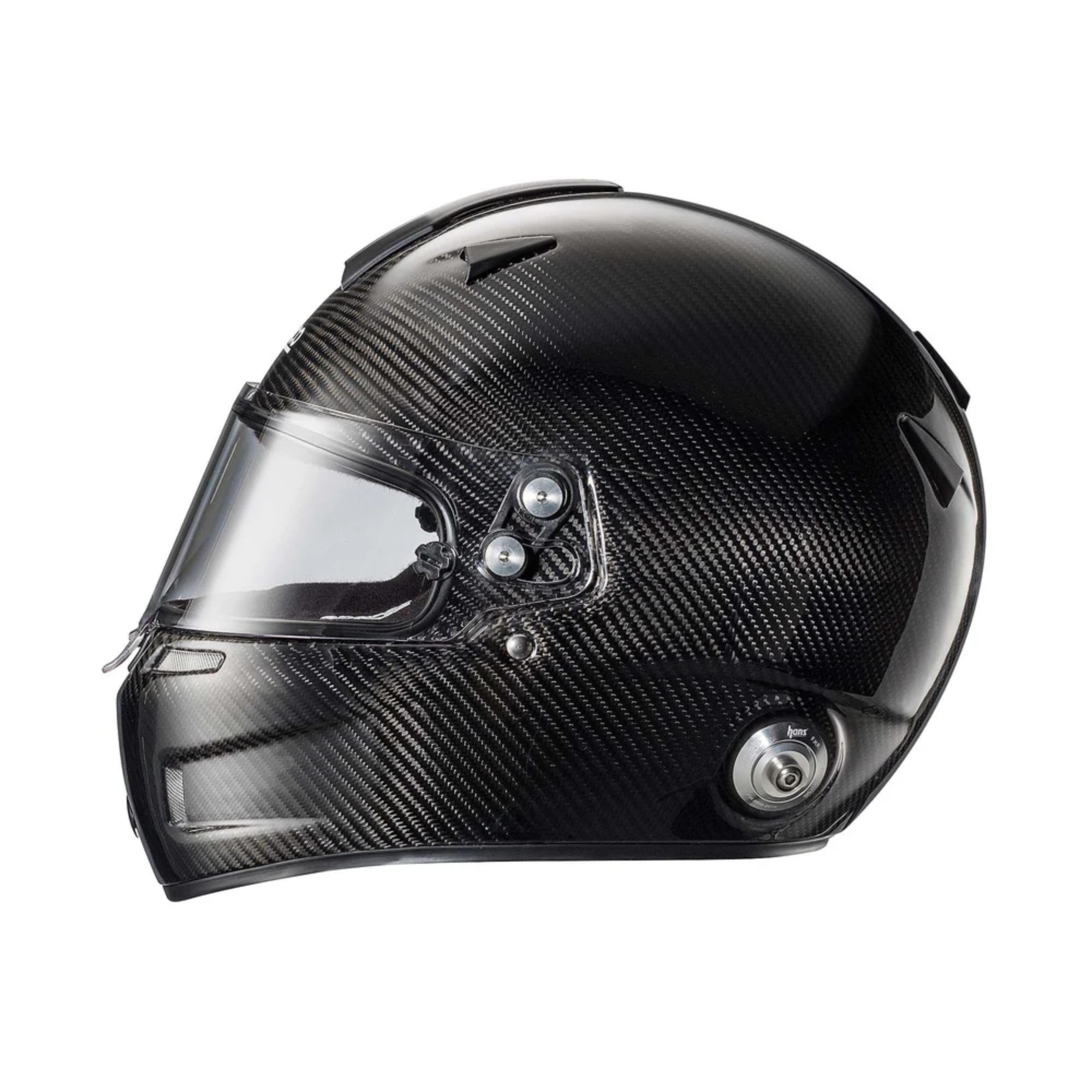 The Sparco Sky RF-7W Carbon SA2020 Helmet from Sparco with black internal padding from the side.