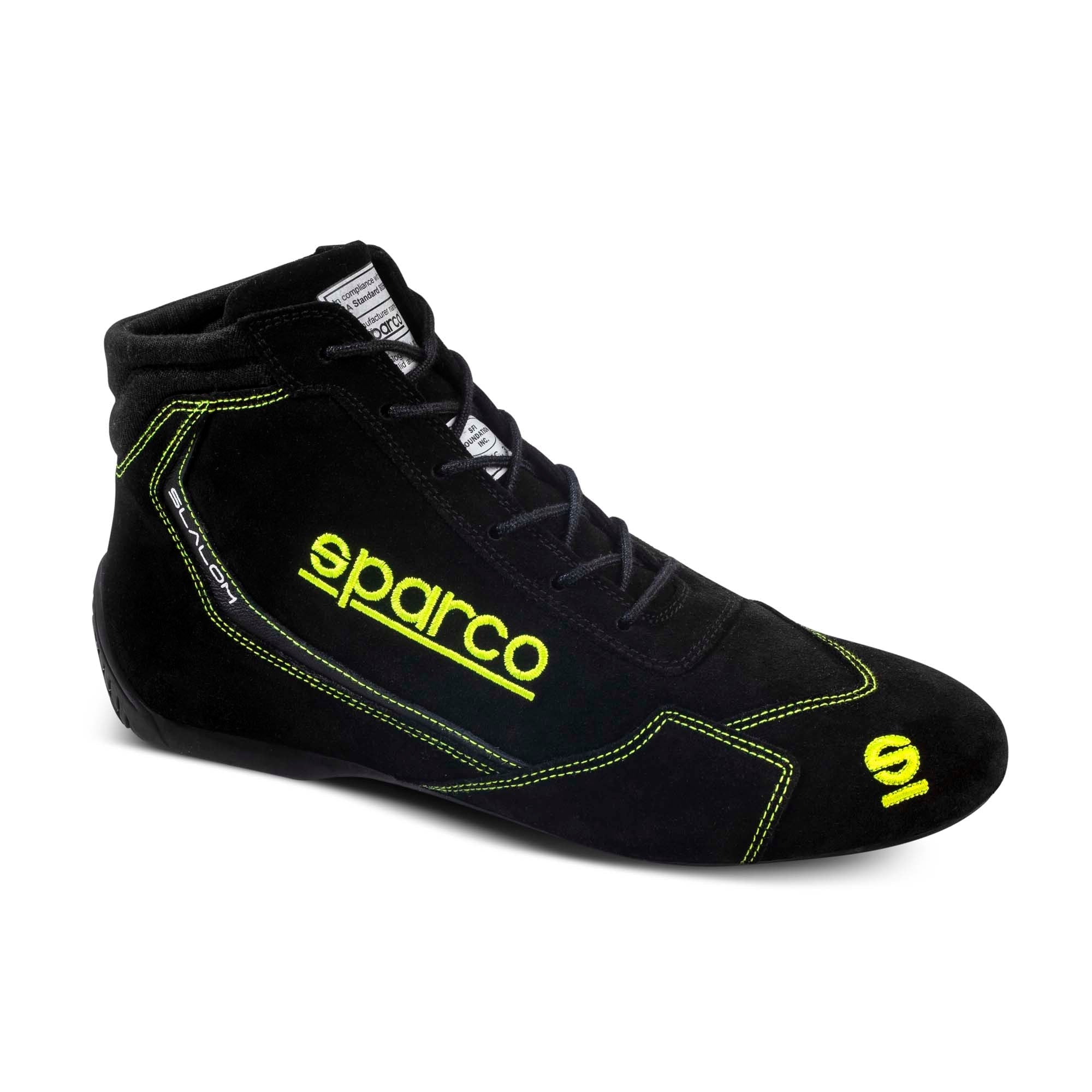 The black and yellow Sparco Slalom Racing Shoes at an angle.
