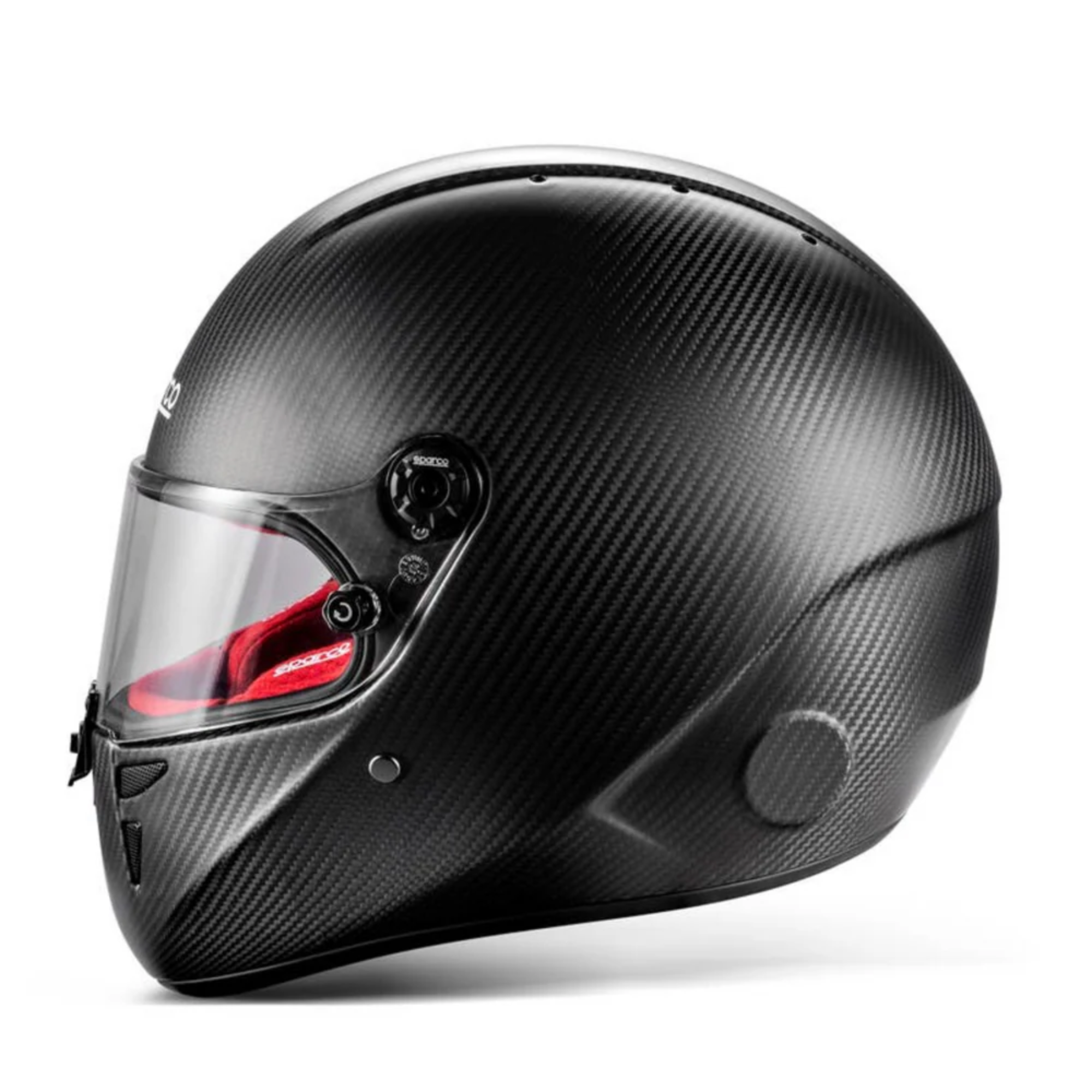 The side of the black and red Sparco Stealth KF Carbon Karting Helmet - K2025 / FIA8878 from Sparco.
