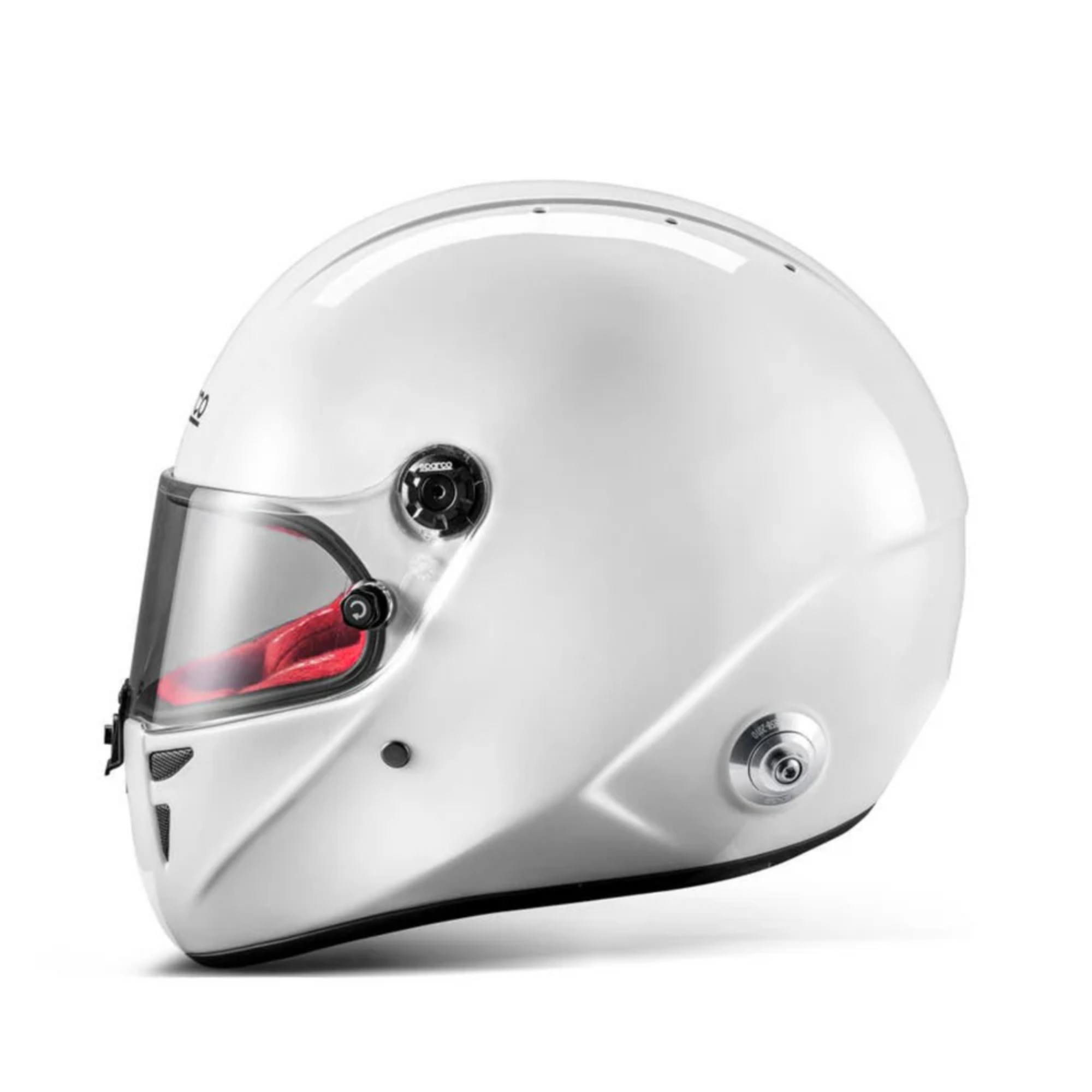 The side of the white and red Sparco Stealth RF Racing Helmet - SA2025 / FIA8859 from Sparco.