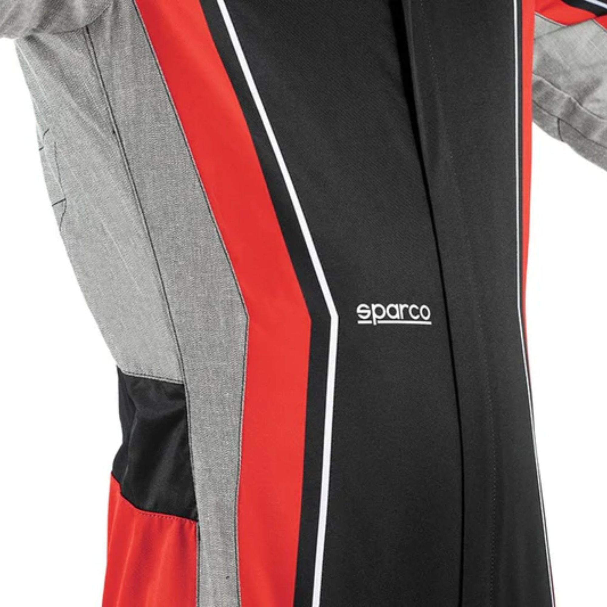 The black and red Sparco Superleggera K Youth Kart Racing Suit from Sparco highlighting the stomach.