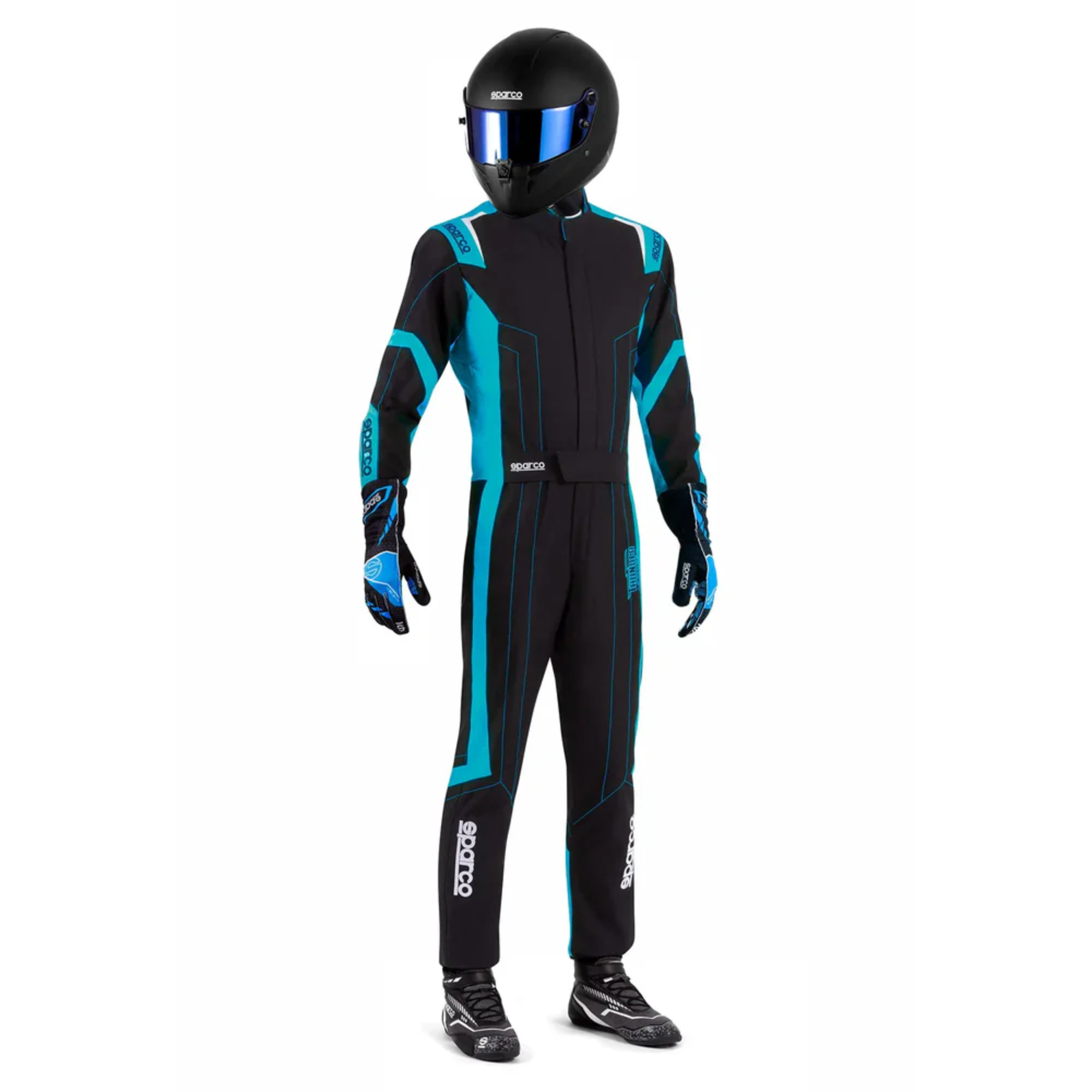 The black and celeste Sparco Thunder Advanced Kart Racing Suit from Sparco modeled by a driver.