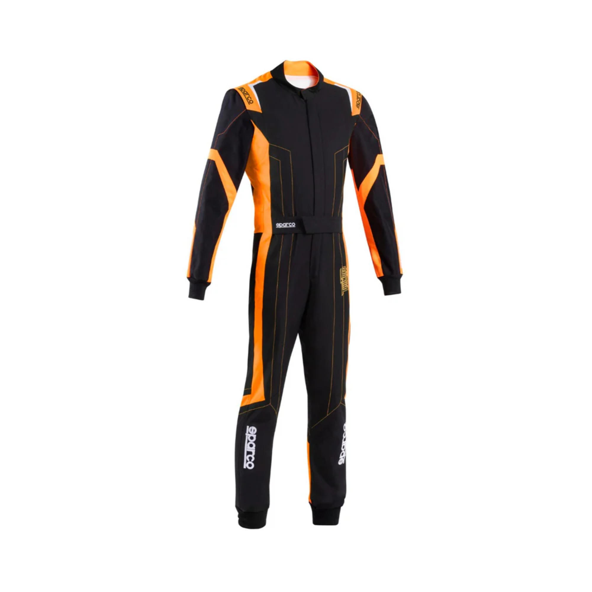 The black and orange Sparco Thunder Advanced Youth Kart Racing Suit from Sparco.