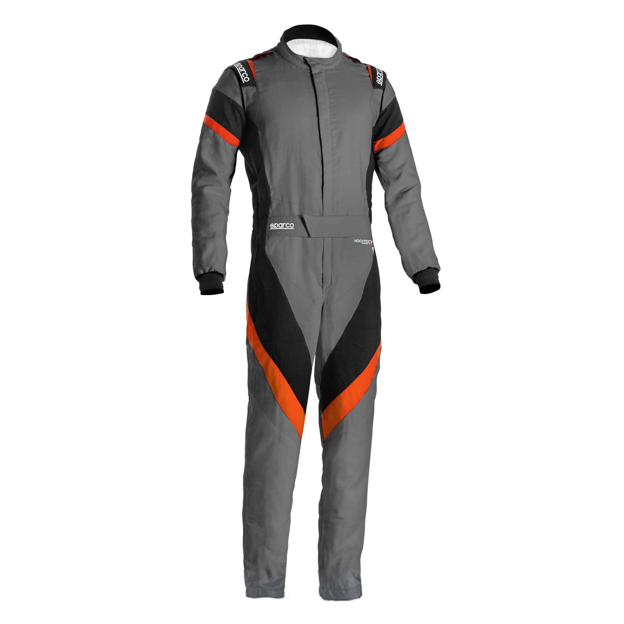 The grey and orange boot cut Sparco Victory 3.0 Racing Suit.