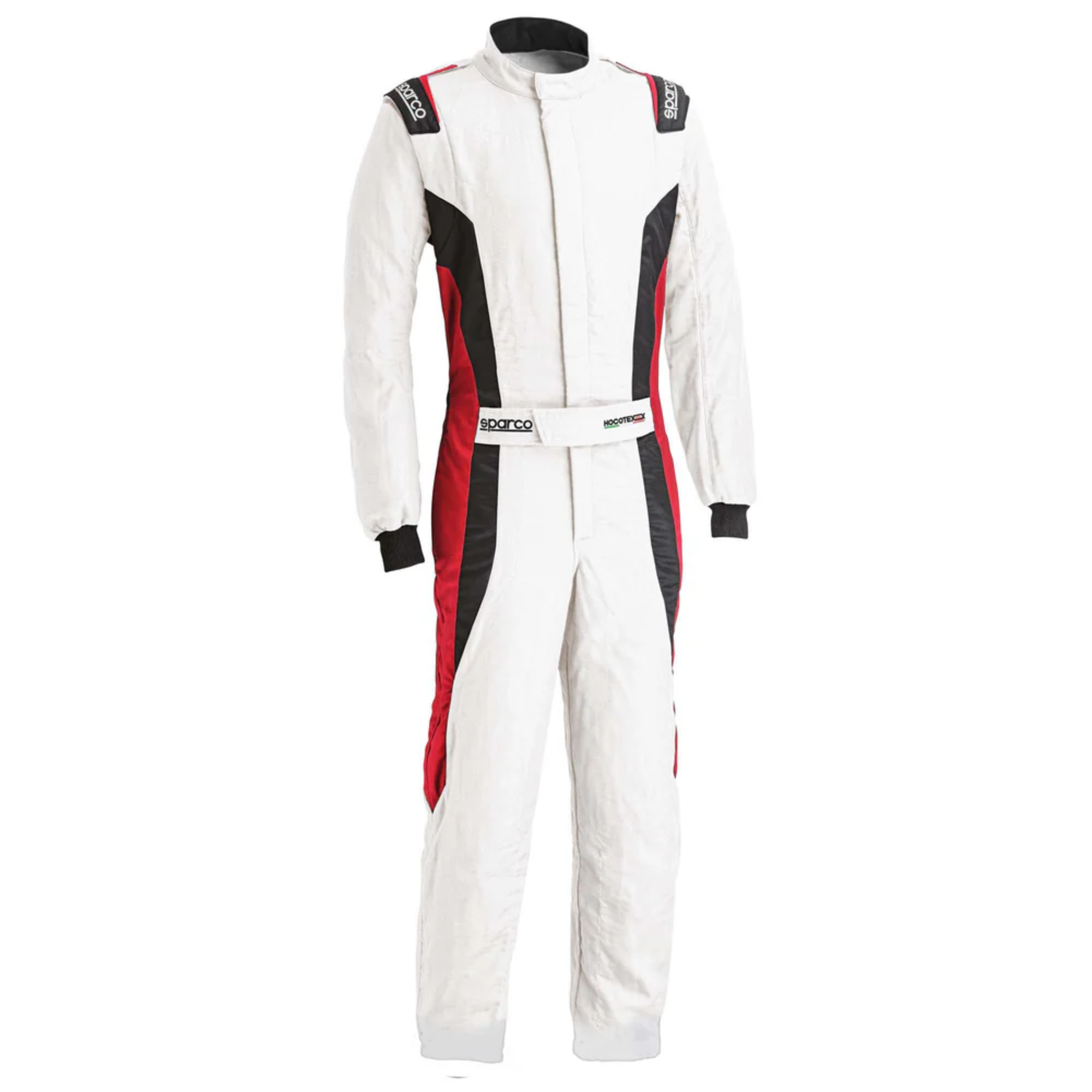 The white and red Sparco Victory Pro Boot-Cut Racing Suit.