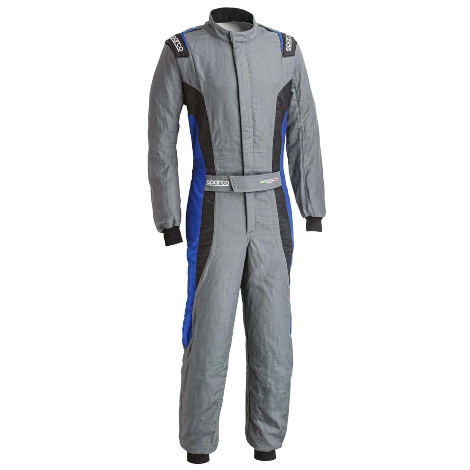 The front of the grey and blue Sparco Victory Pro Fire-Resistant Racing Suit.