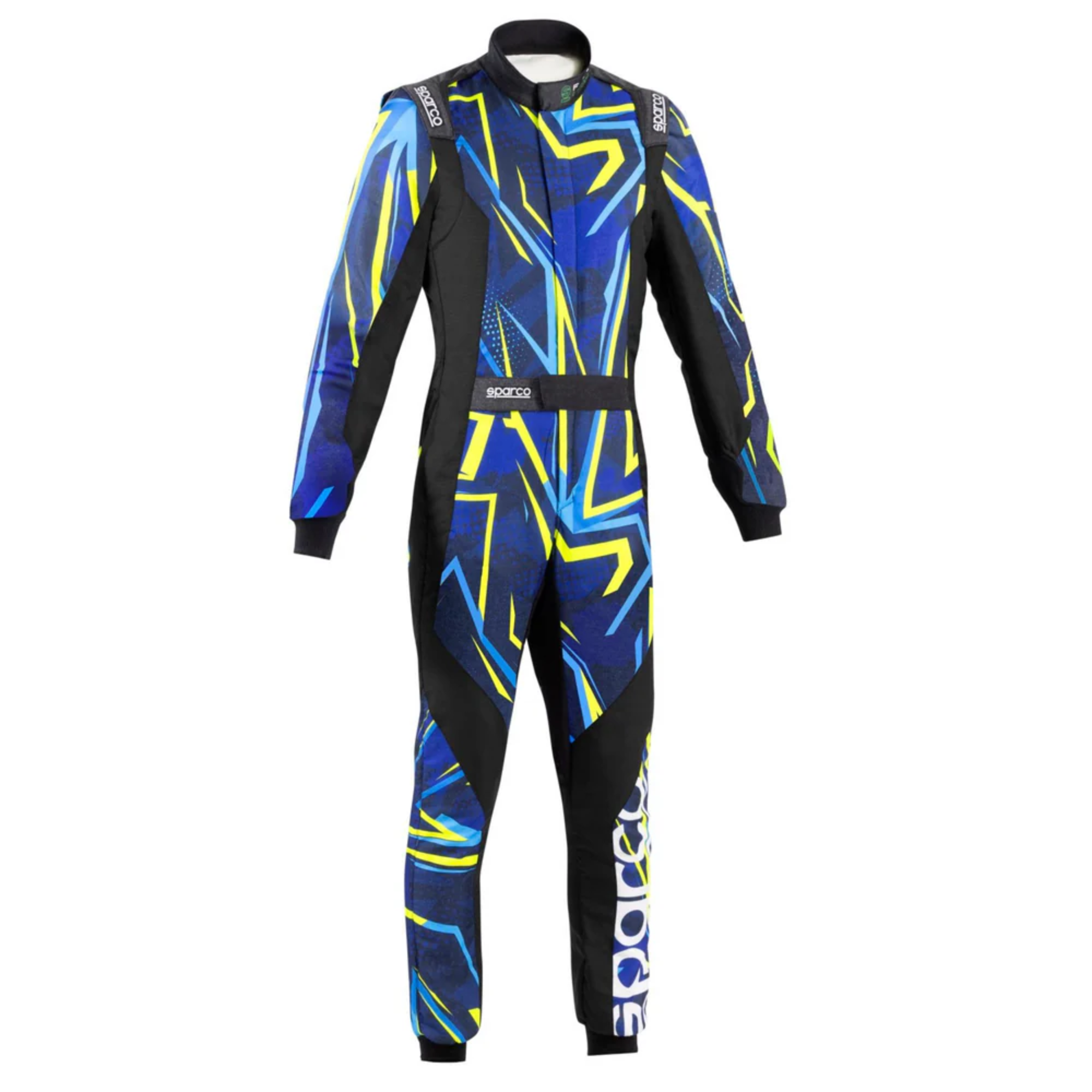 The blue, black and yellow Sparco X-Light Full Efficiency Infinity Racing Suit.