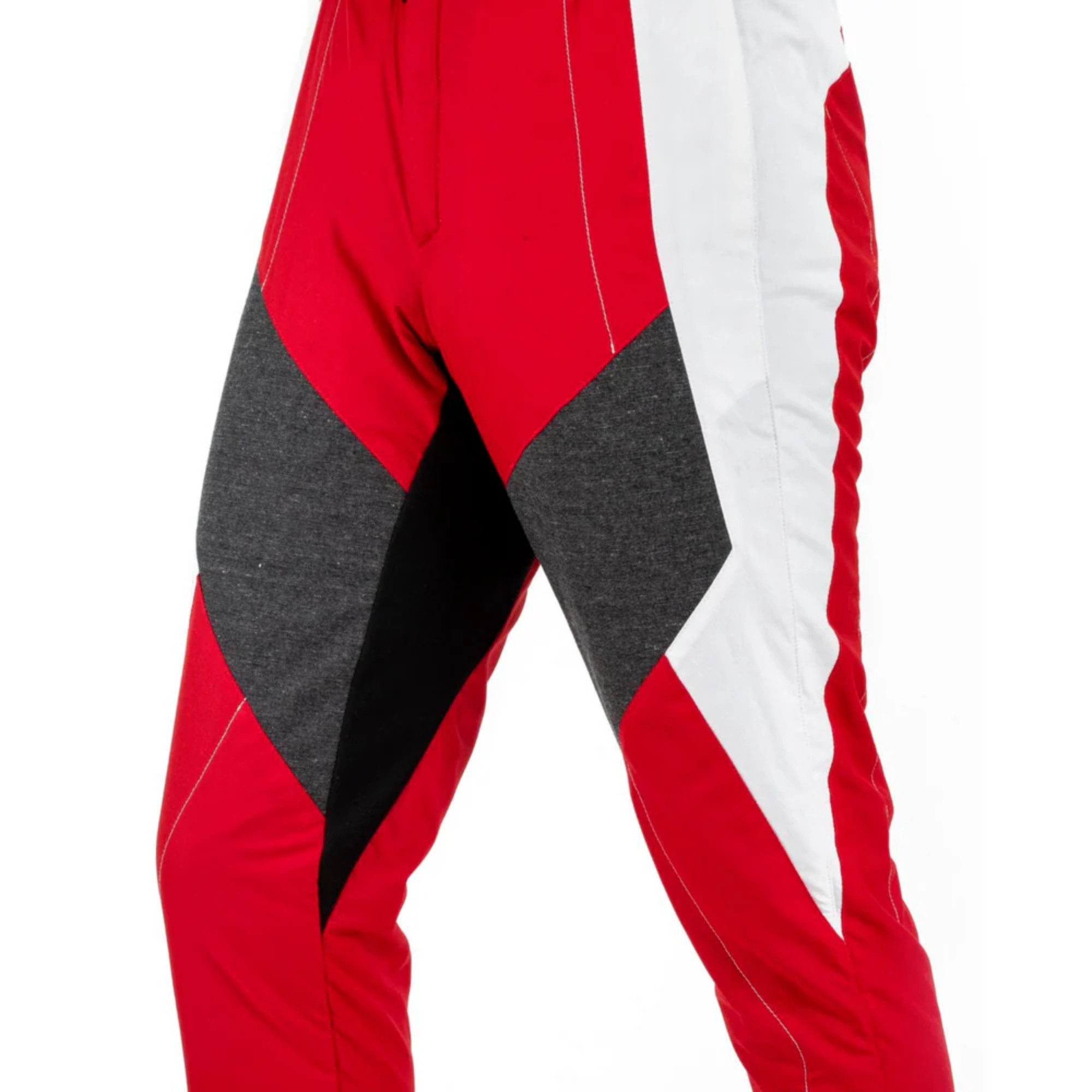 The red and white Sparco X-Light Full Efficiency Racing Suit from Sparco highlighting the legs.
