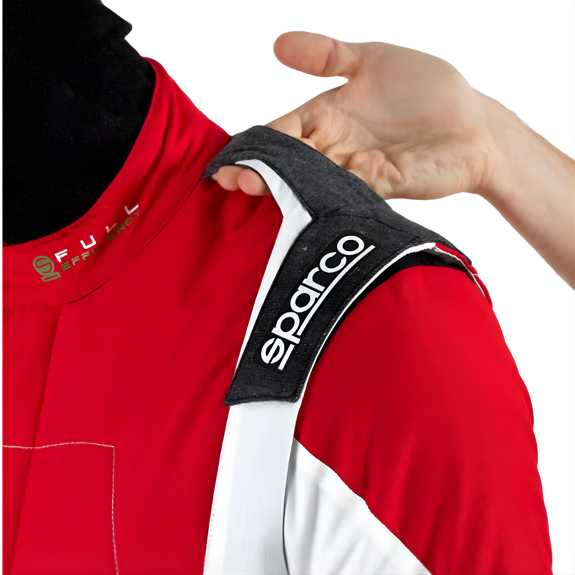 The red and white Sparco X-Light Full Efficiency Racing Suit from Sparco highlighting the shoulder handle.