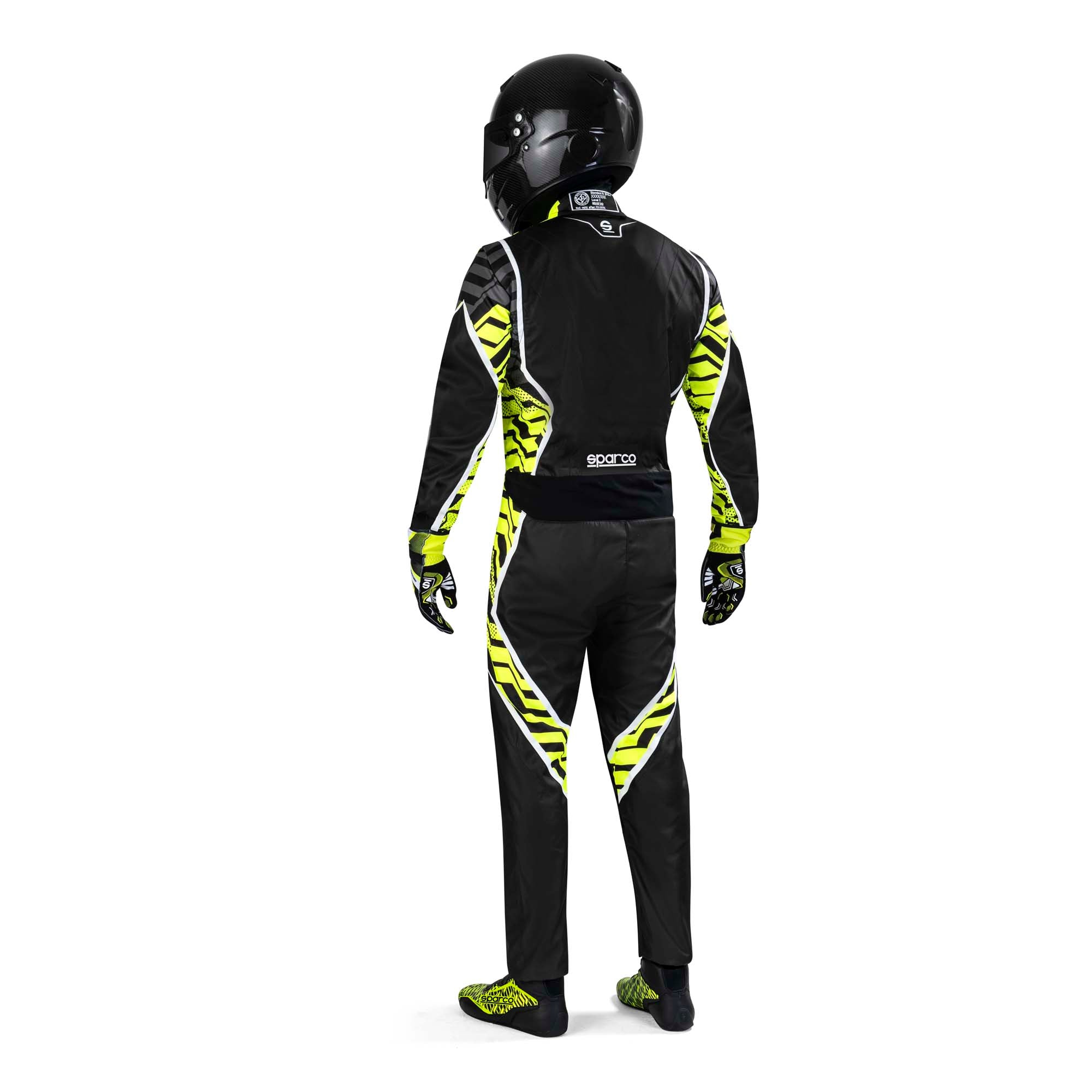 The back of the black and yellow Sparco X-Light K Kart Racing Suit being worn by a model.