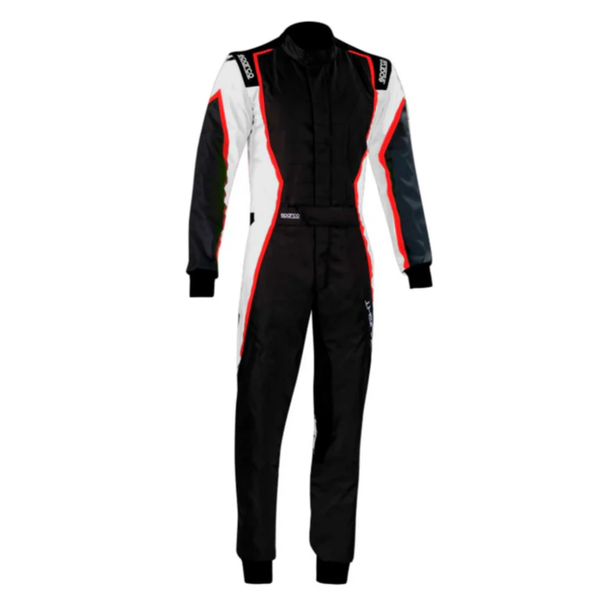 The black, white and red Sparco X-Light K Youth Kart Racing Suit.