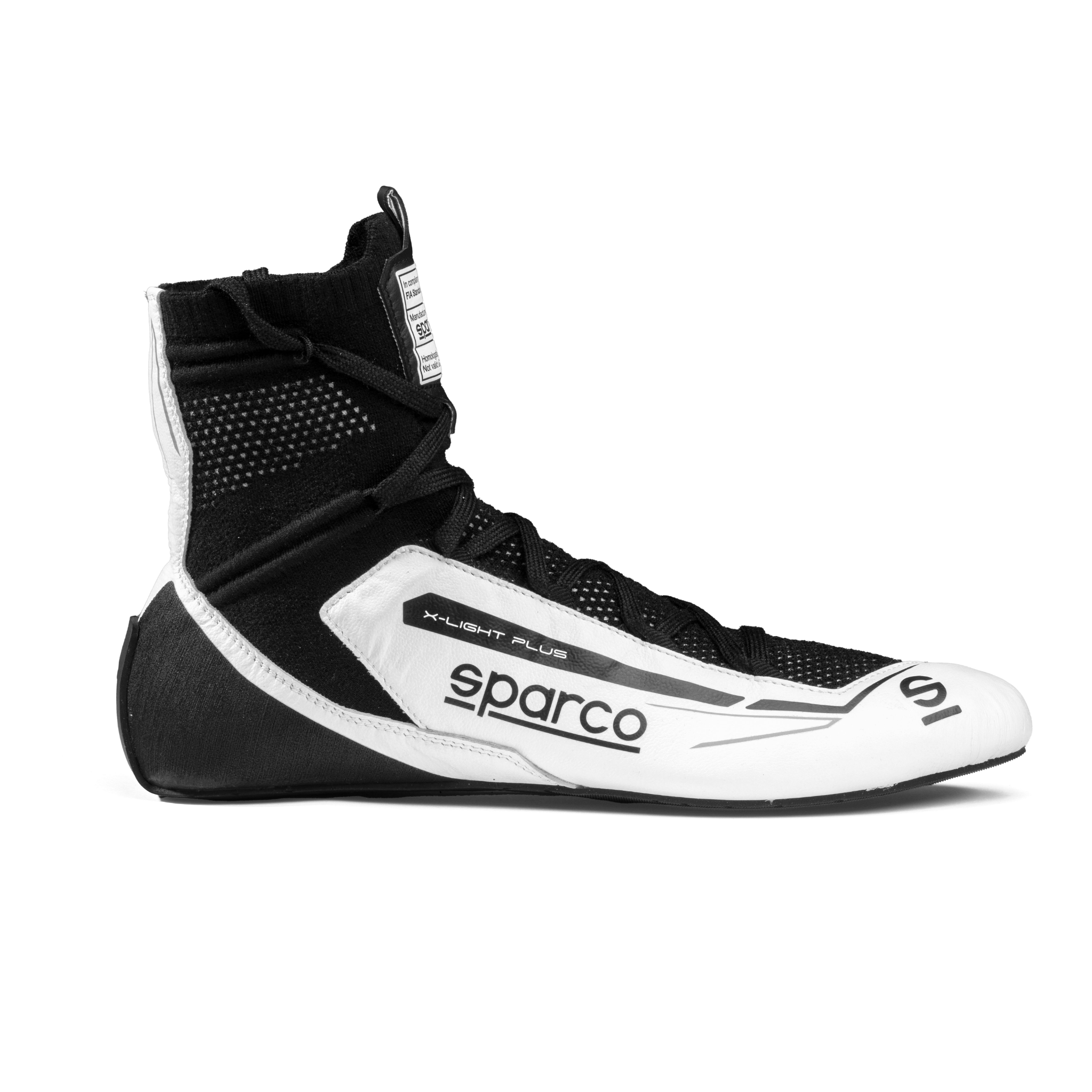 The side of the white and black Sparco X-Light Plus Racing Shoes.