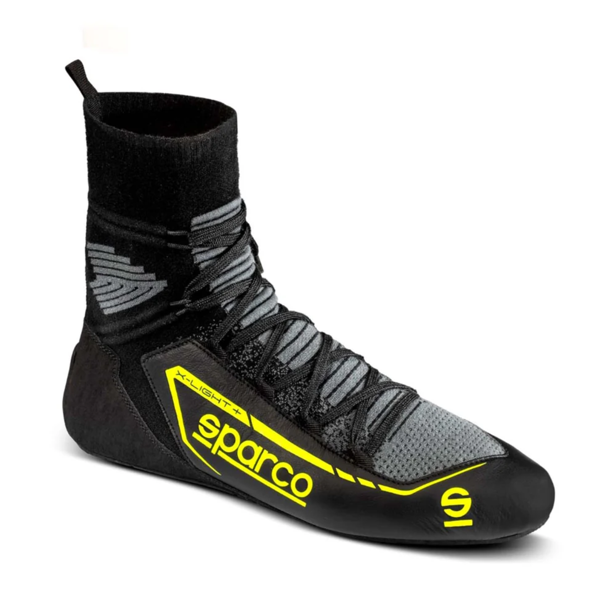 The black and yellow Sparco X-Light+ Racing Shoes.