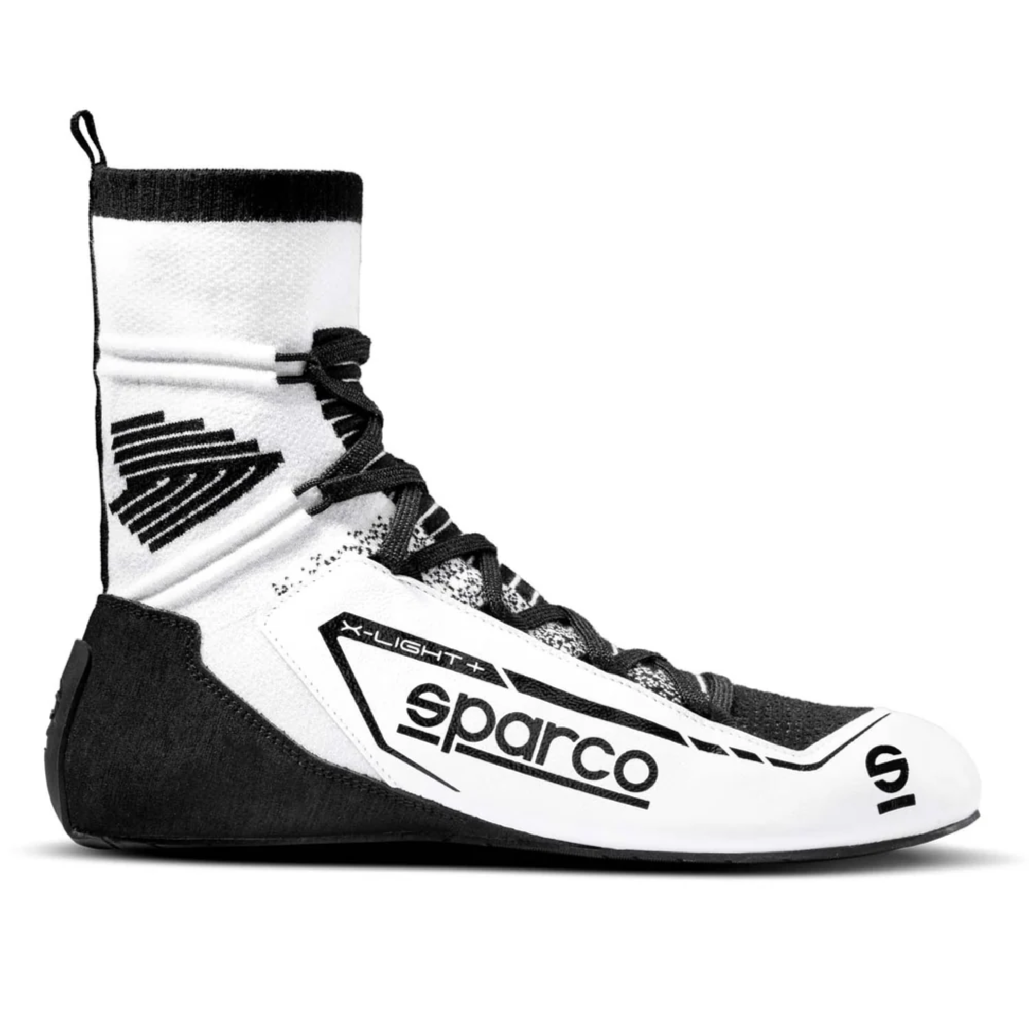 The white and black Sparco X-Light+ Racing Shoes.