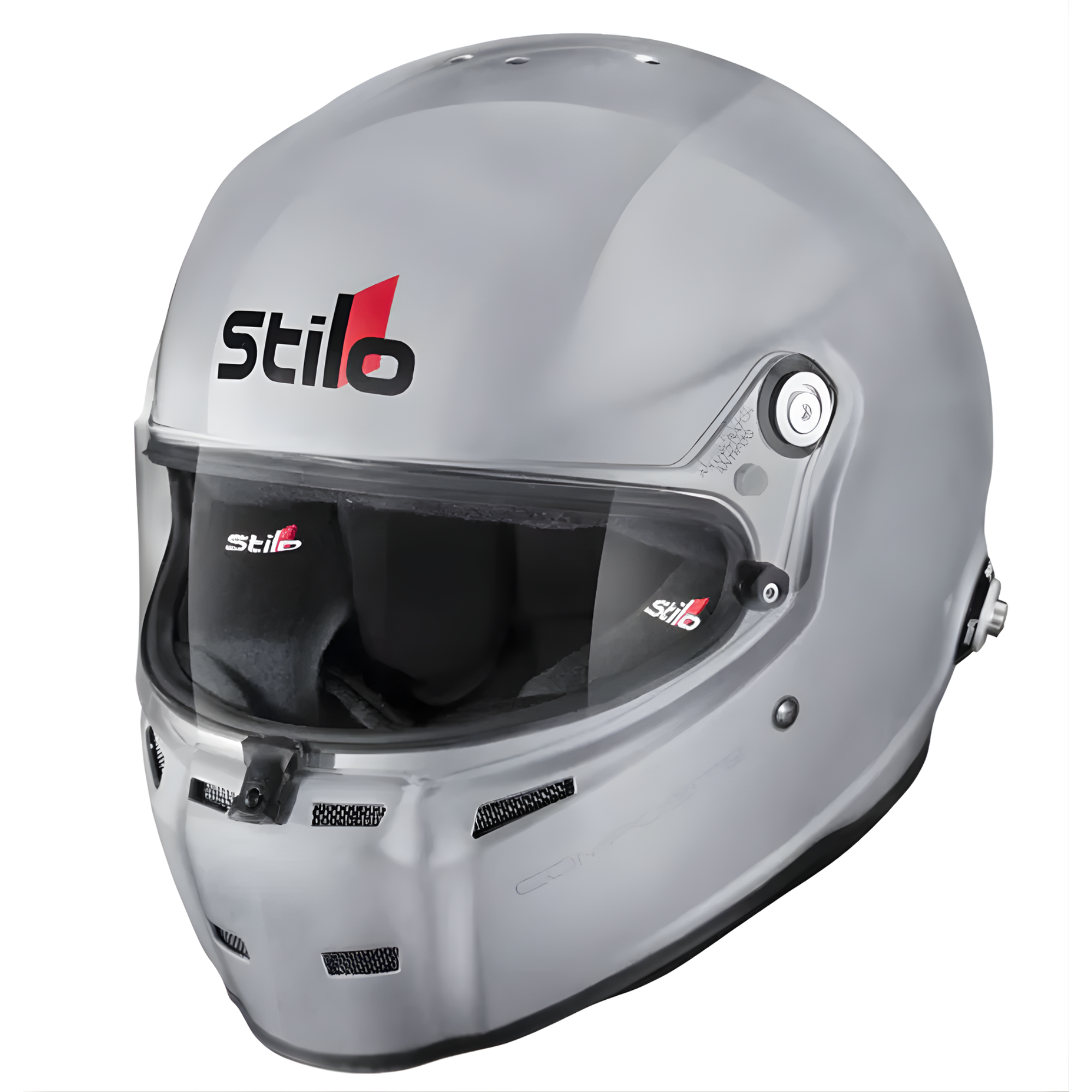 The silver Stilo ST5 FN Composite SA2020/FIA8859 Helmet at an angle.