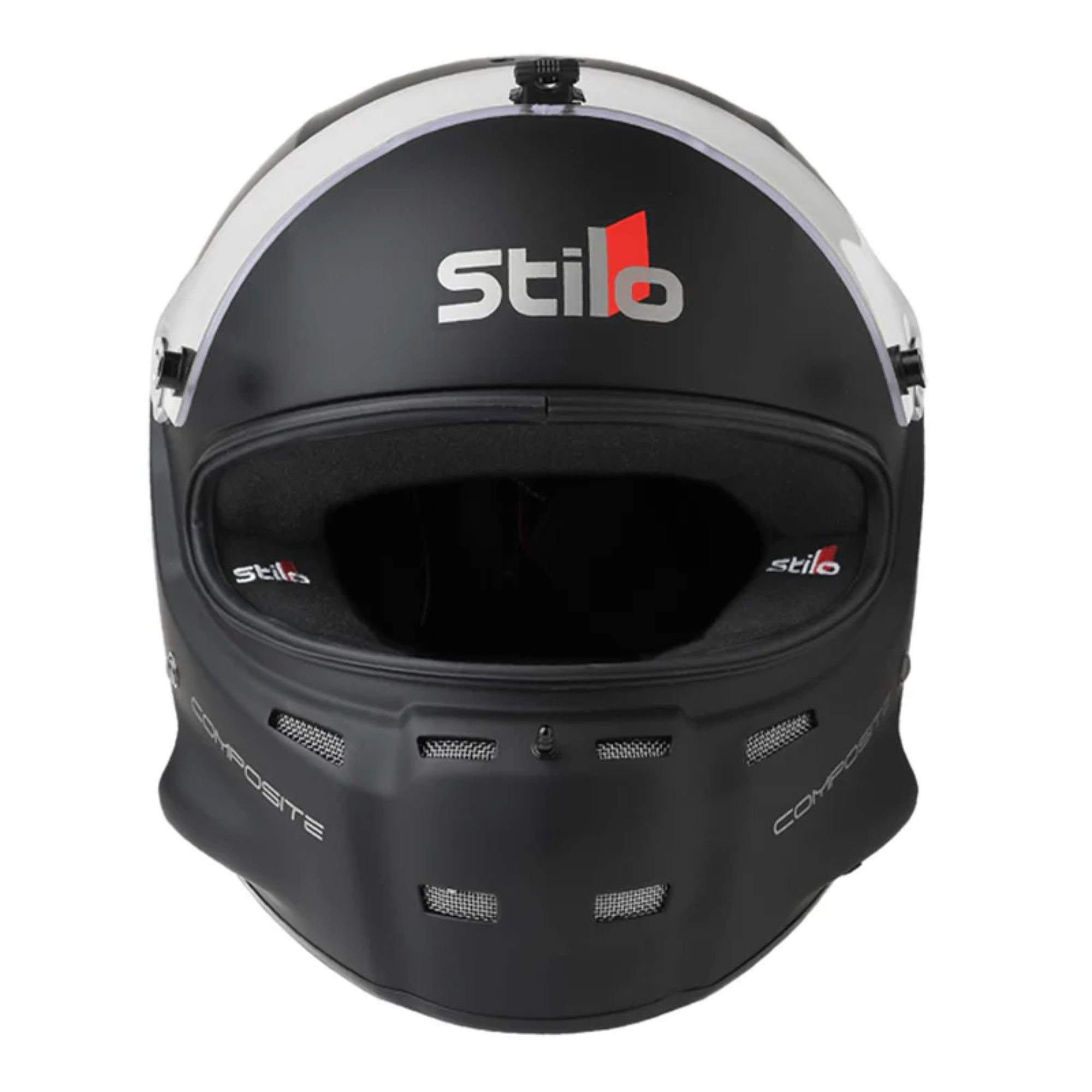 The front of the flat black Stilo ST5 GT Composite SA2020/FIA8859 Helmet from Stilo with the visor open.