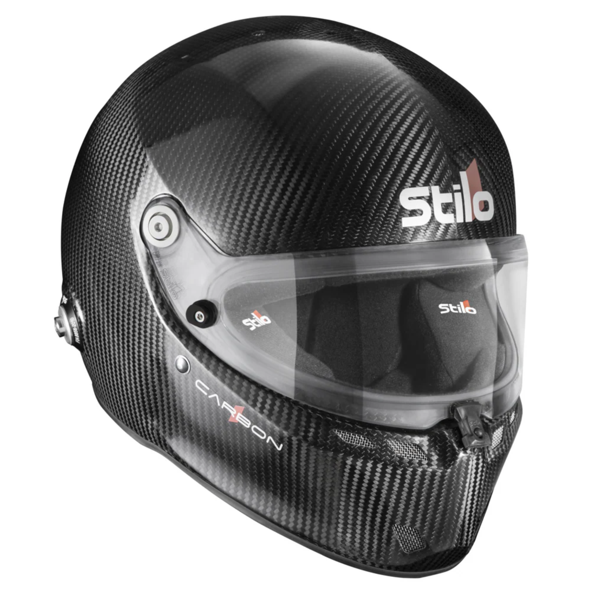 The black Stilo ST6 FN Carbon FIA8860-2018 Helmet at an angle.