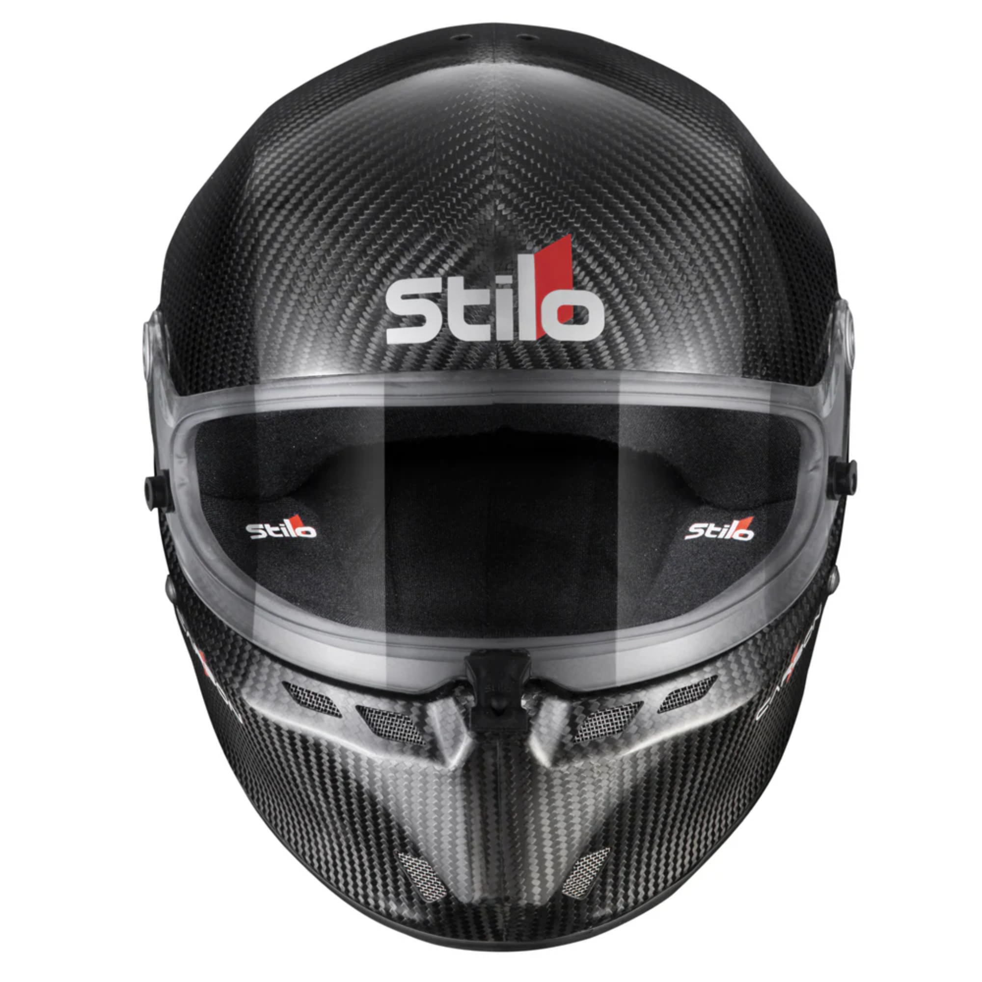 The front of the black Stilo ST6 FN Carbon FIA8860-2018 Helmet.