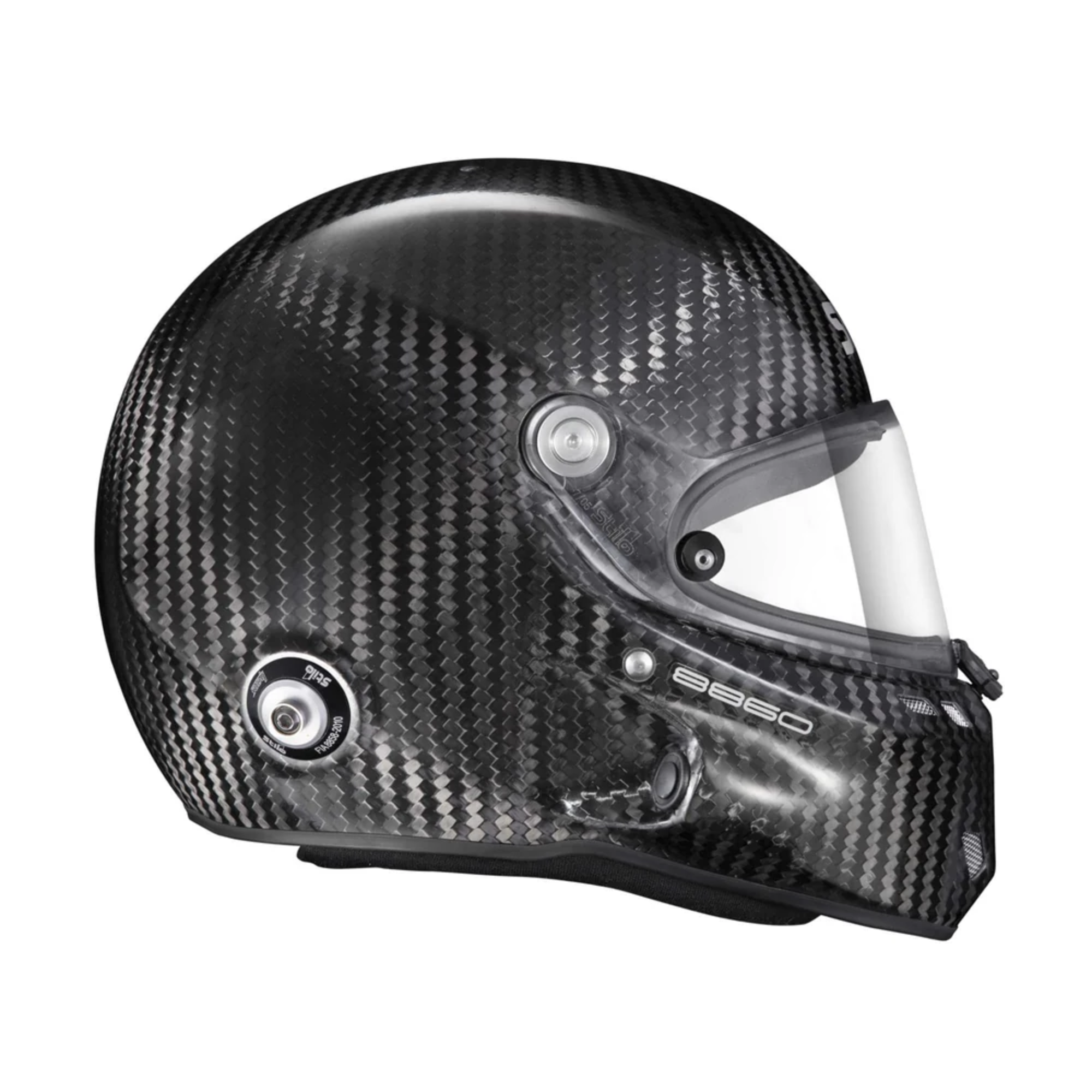 The left side of the Stilo ST6 GT Carbon Racing Helmet - FIA8860 from Stilo.