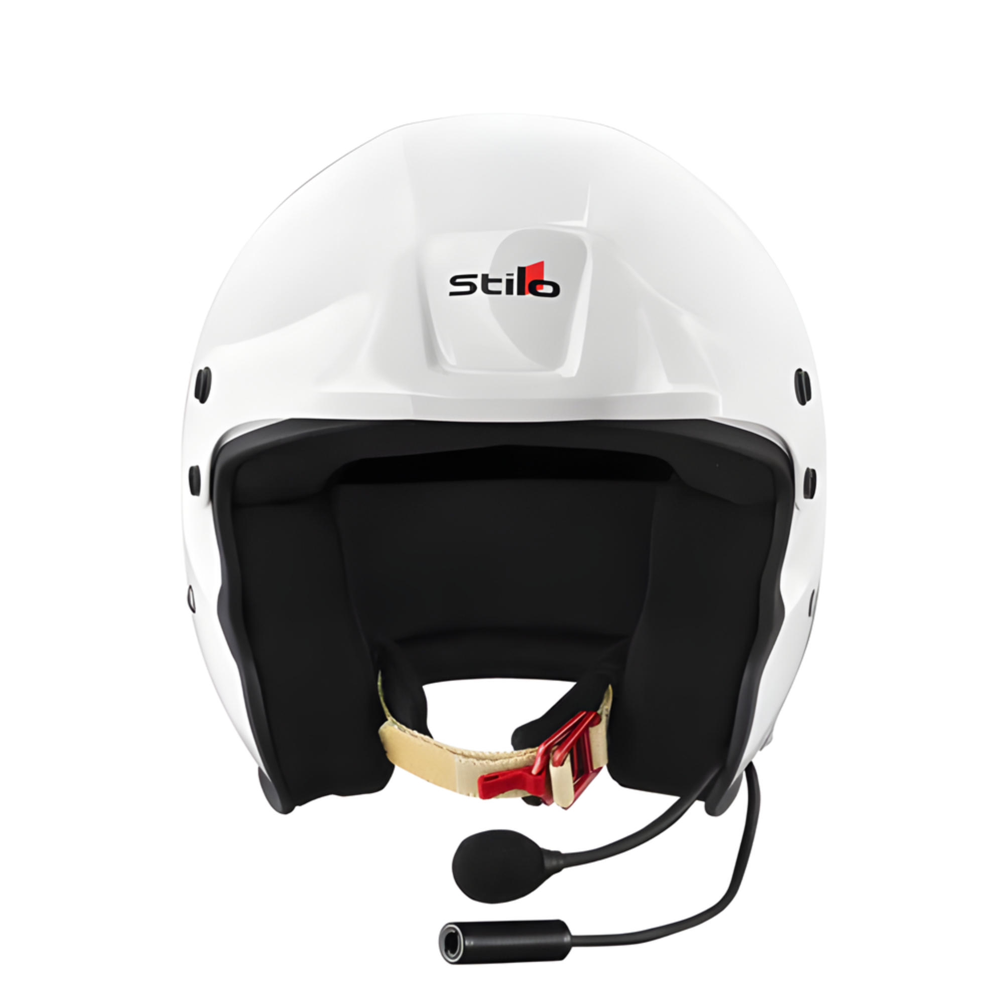 The front of the white Stilo Venti Sport Plus SA2020/FIA8859 Helmet.