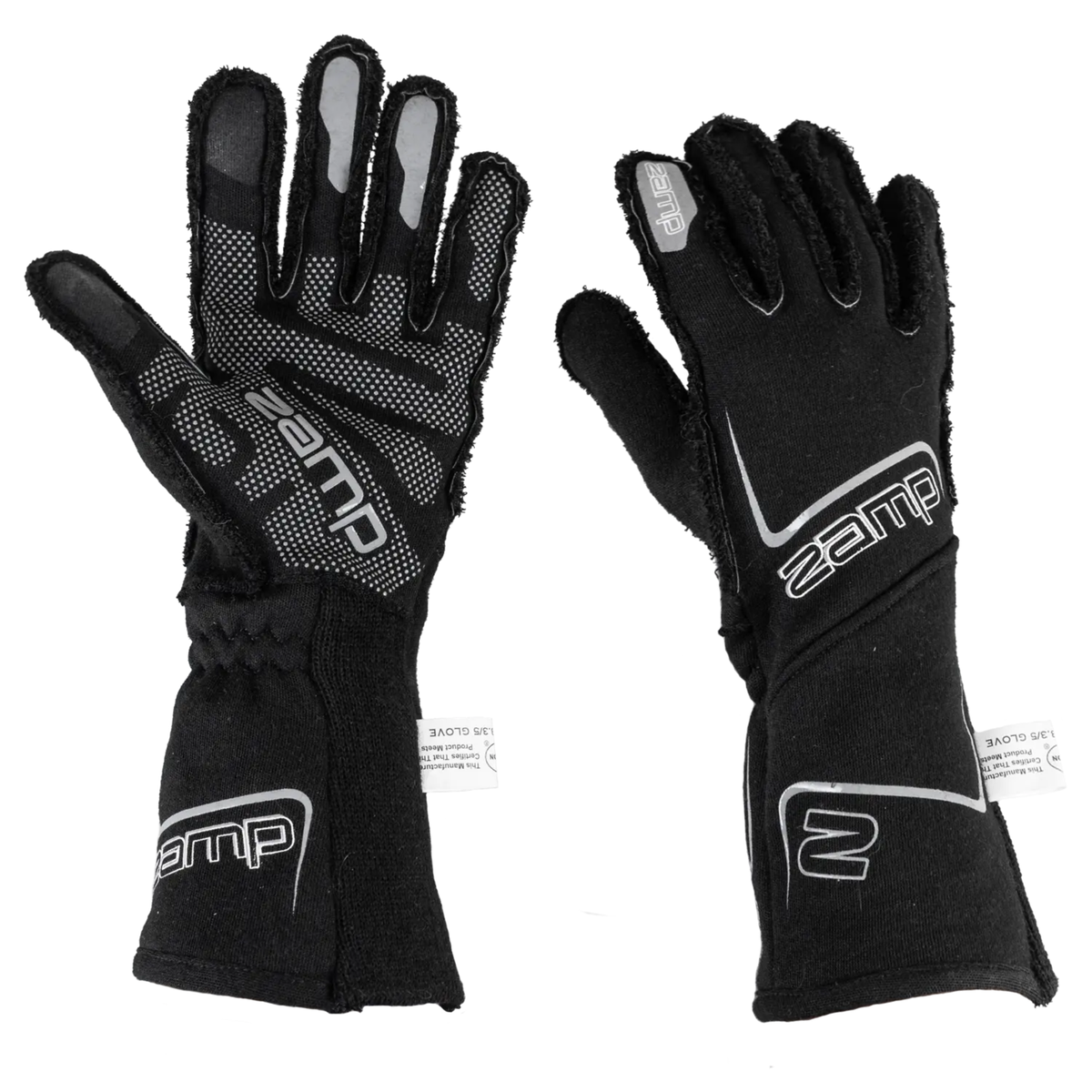 The black SFI 3.3/5 rated Zamp Racing ZR-70 Performance Race Gloves showing the palm and the back.