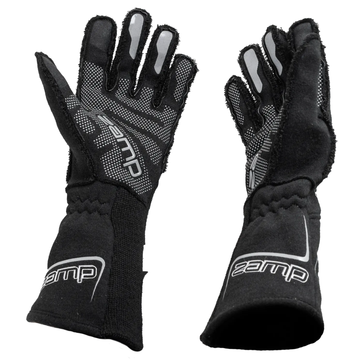 The black SFI 3.3/5 rated Zamp Racing ZR-70 Performance Race Gloves showing the palm and the side.
