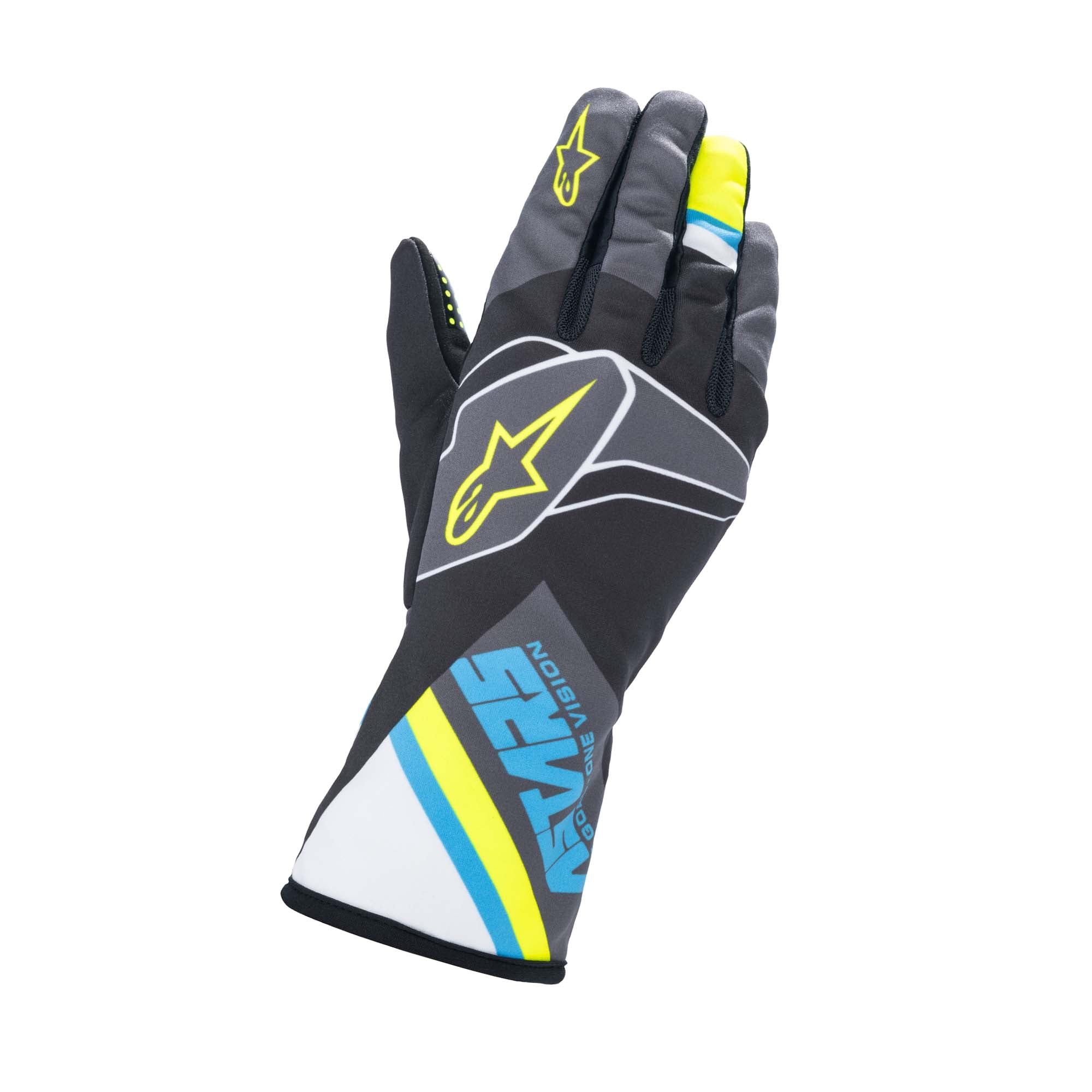 The back of the black, cyan and yellow Alpinestars Tech-1 K Race S v2 Youth Karting Gloves - Graphic.