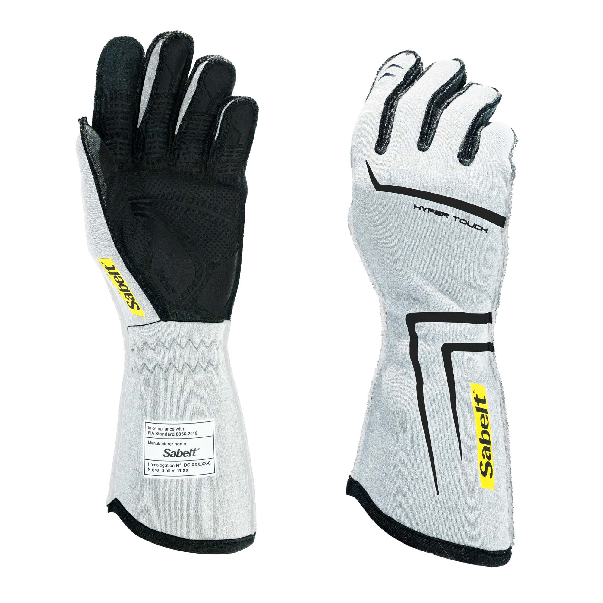 The FIA 8856-2018 rated white Sabelt Hero Hypertouch TG-12 Fire-Resistant Racing Gloves.