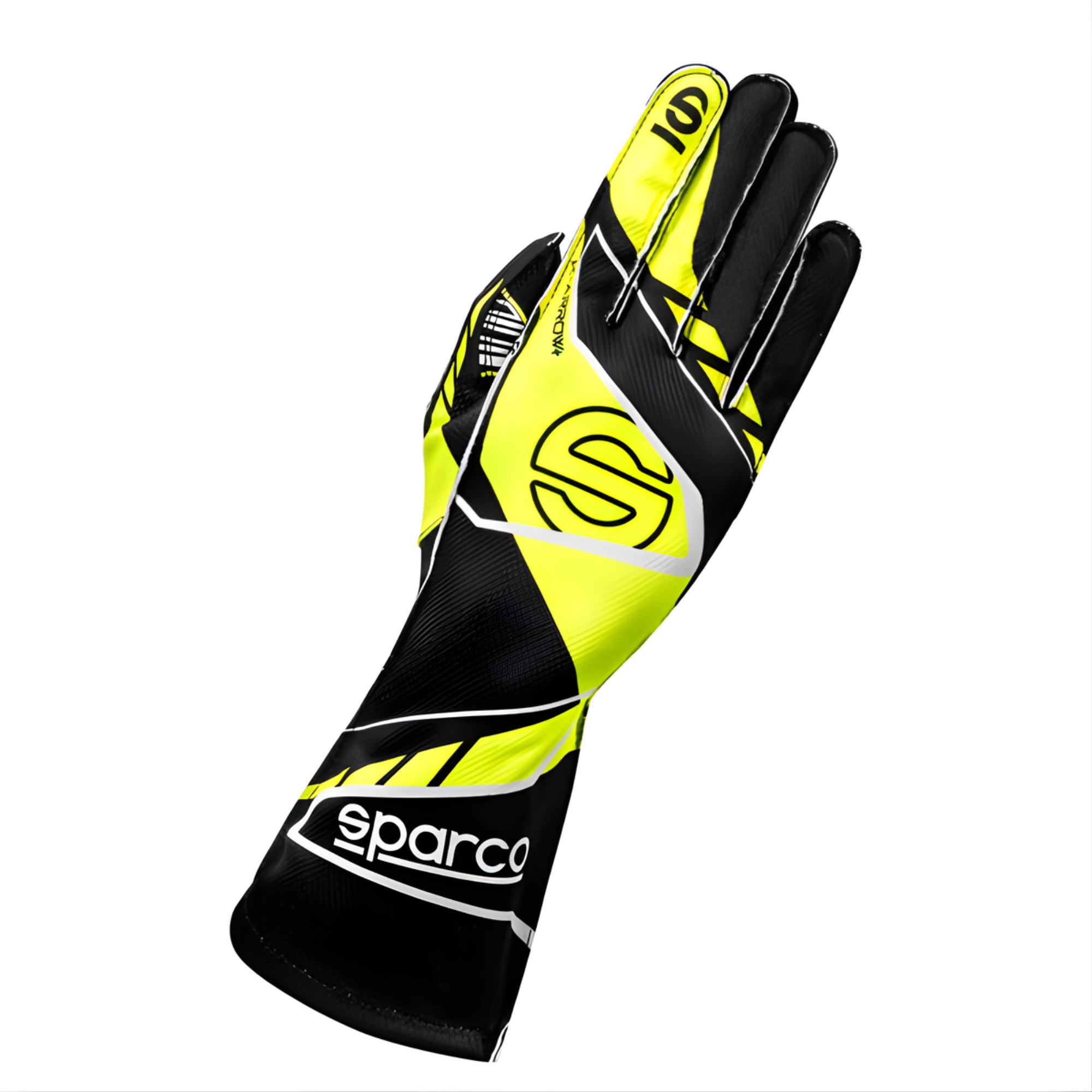 The back of the black and yellow Sparco K-Arrow+ Karting Gloves from Sparco.