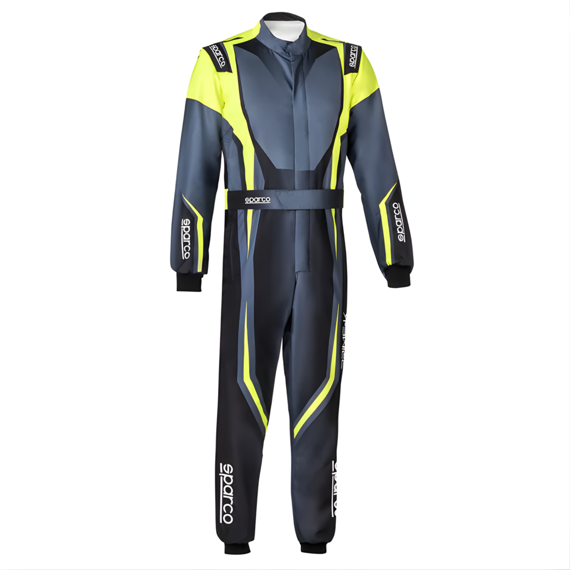 The gray and yellow Sparco Prime K Advanced Youth Kart Racing Suit from Sparco.