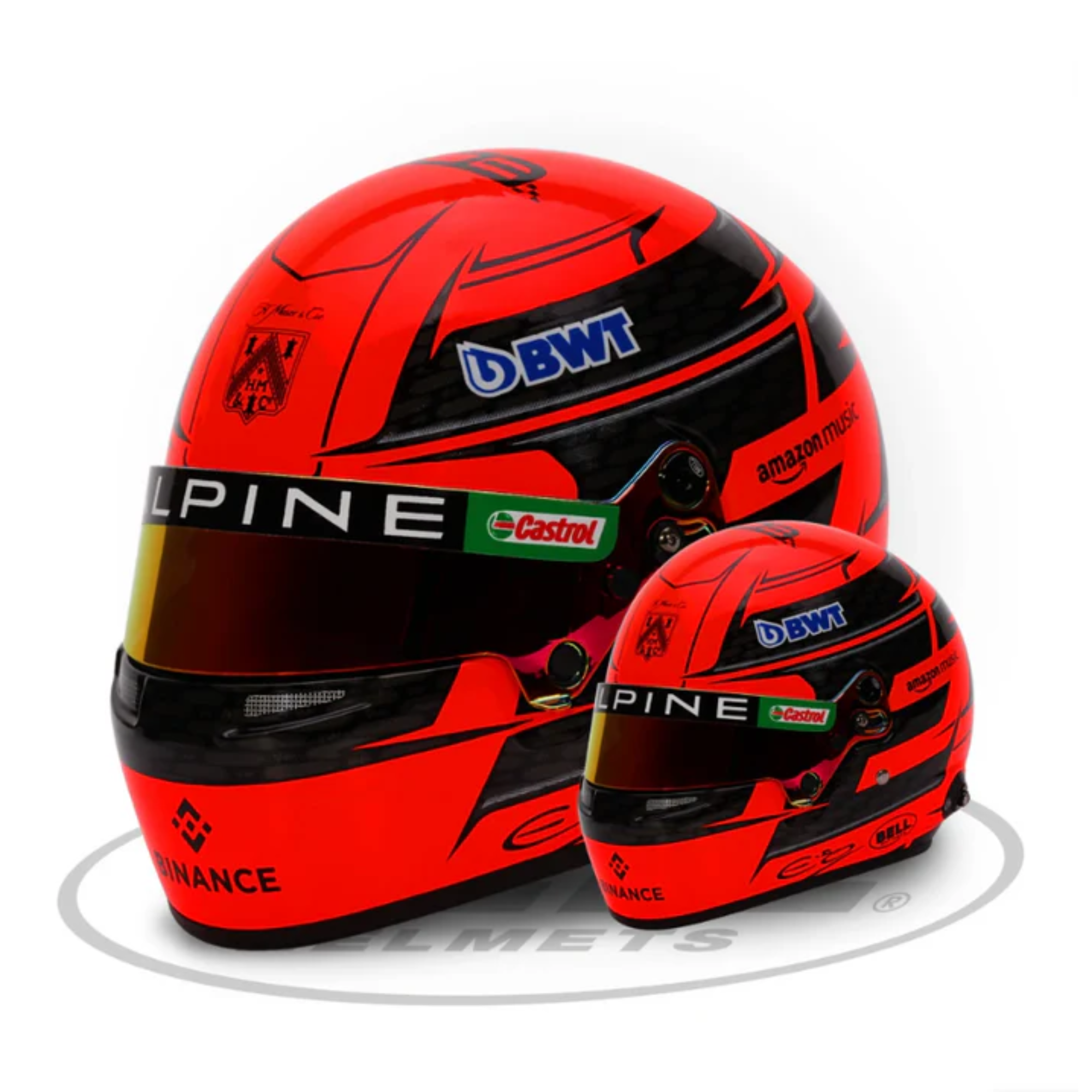 The Esteban Ocon 2024 Mini Helmet from Bell. This is a half-scale replica of Esteban Ocon's helmet.